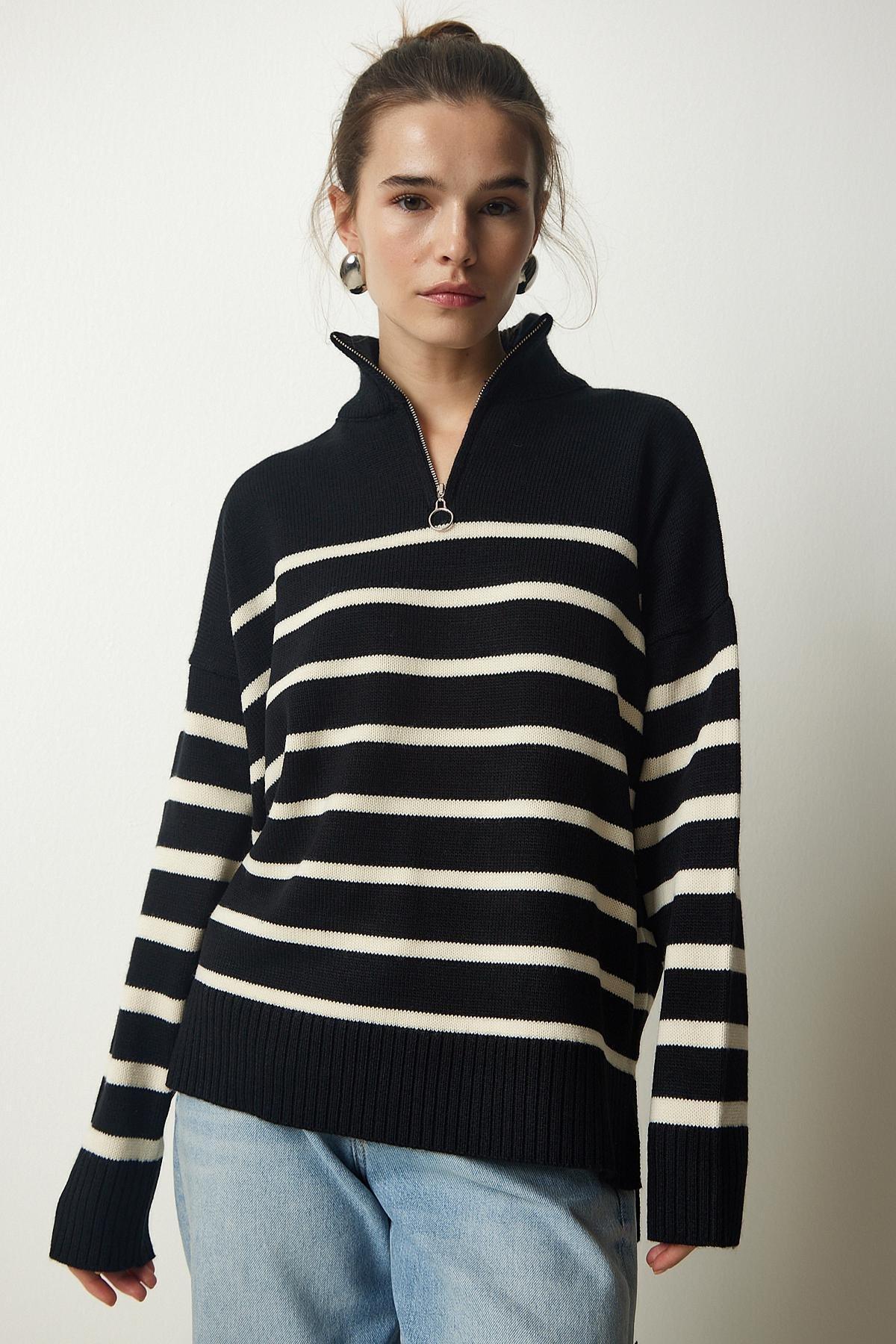 Womens Black and White Zippered Collar Striped Knitwear Sweater PF00045, single, , large image number 2