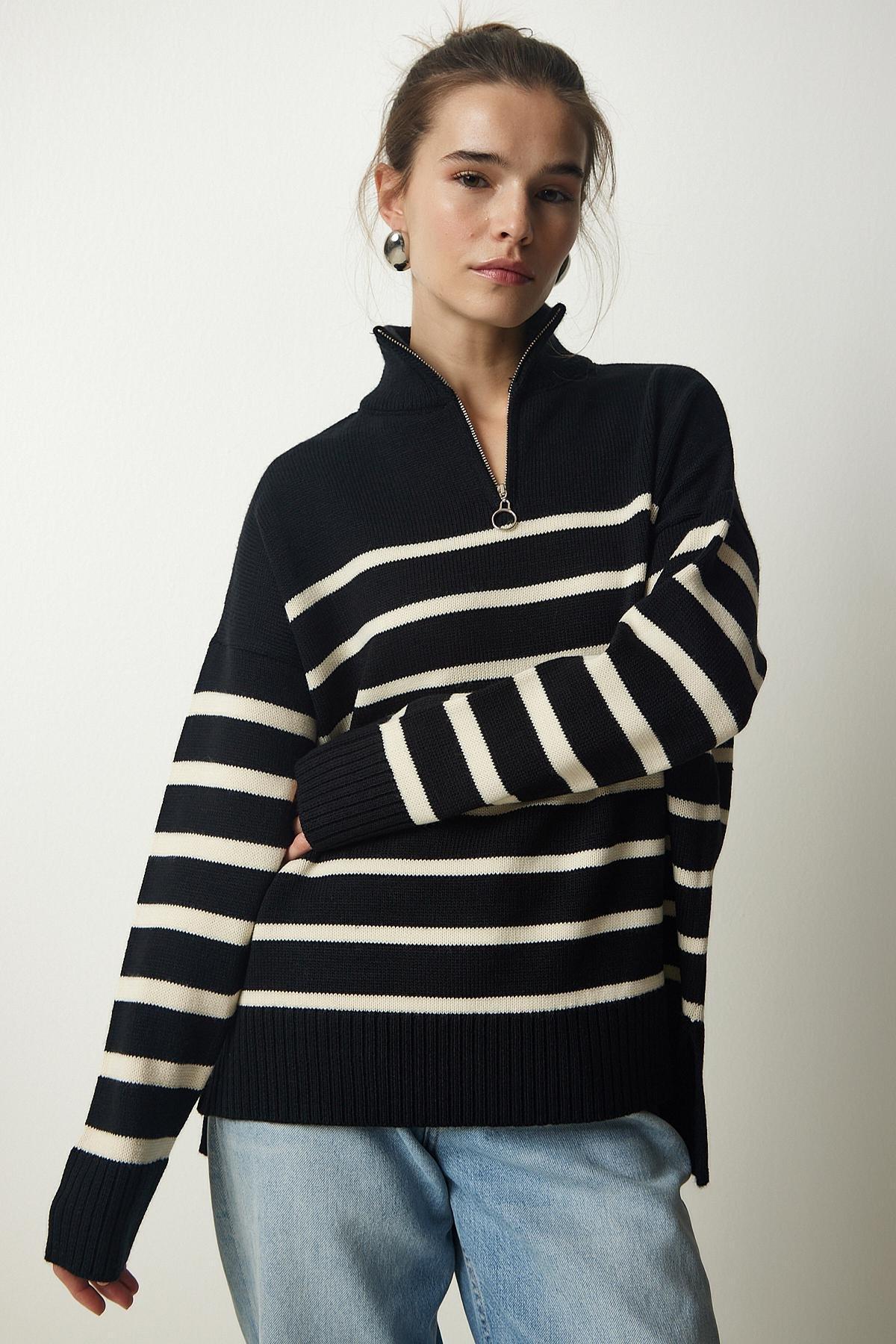 Womens Black and White Zippered Collar Striped Knitwear Sweater PF00045, single, , large image number 3