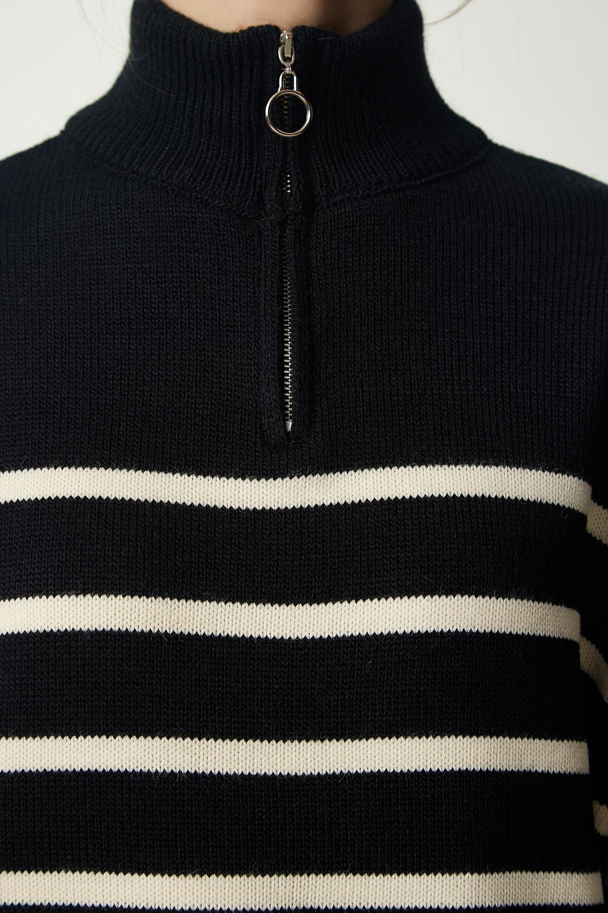 Womens Black and White Zippered Collar Striped Knitwear Sweater PF00045, single, , large image number 4