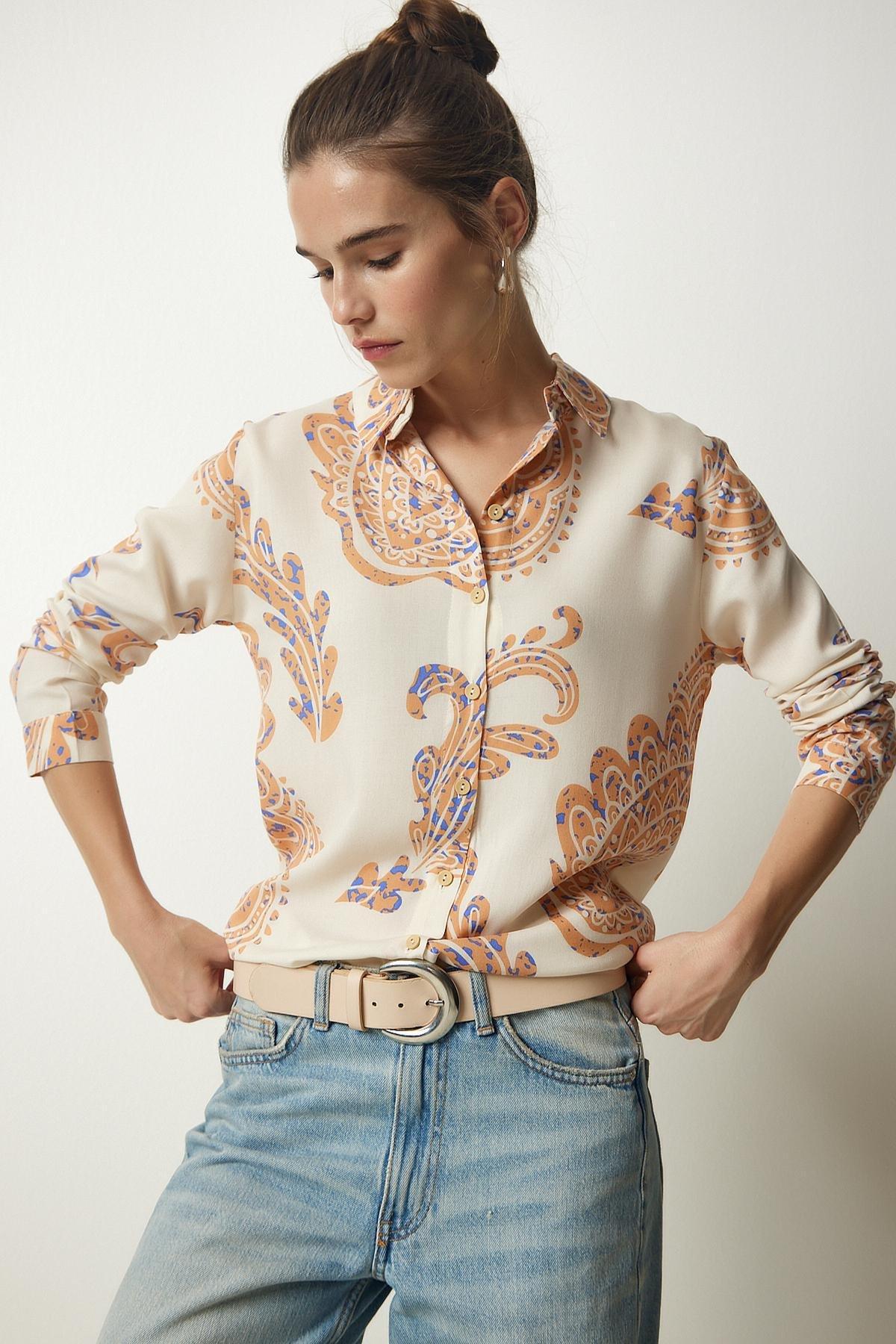 Cream Patterned Viscose Woven Shirt, Cream Orange, large image number 0