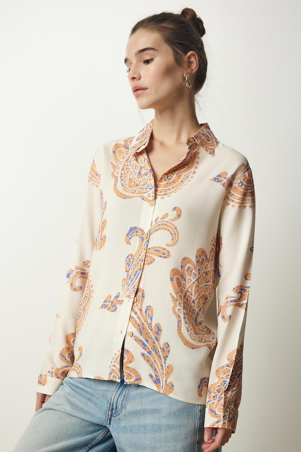 Cream Patterned Viscose Woven Shirt, Cream Orange, large image number 1