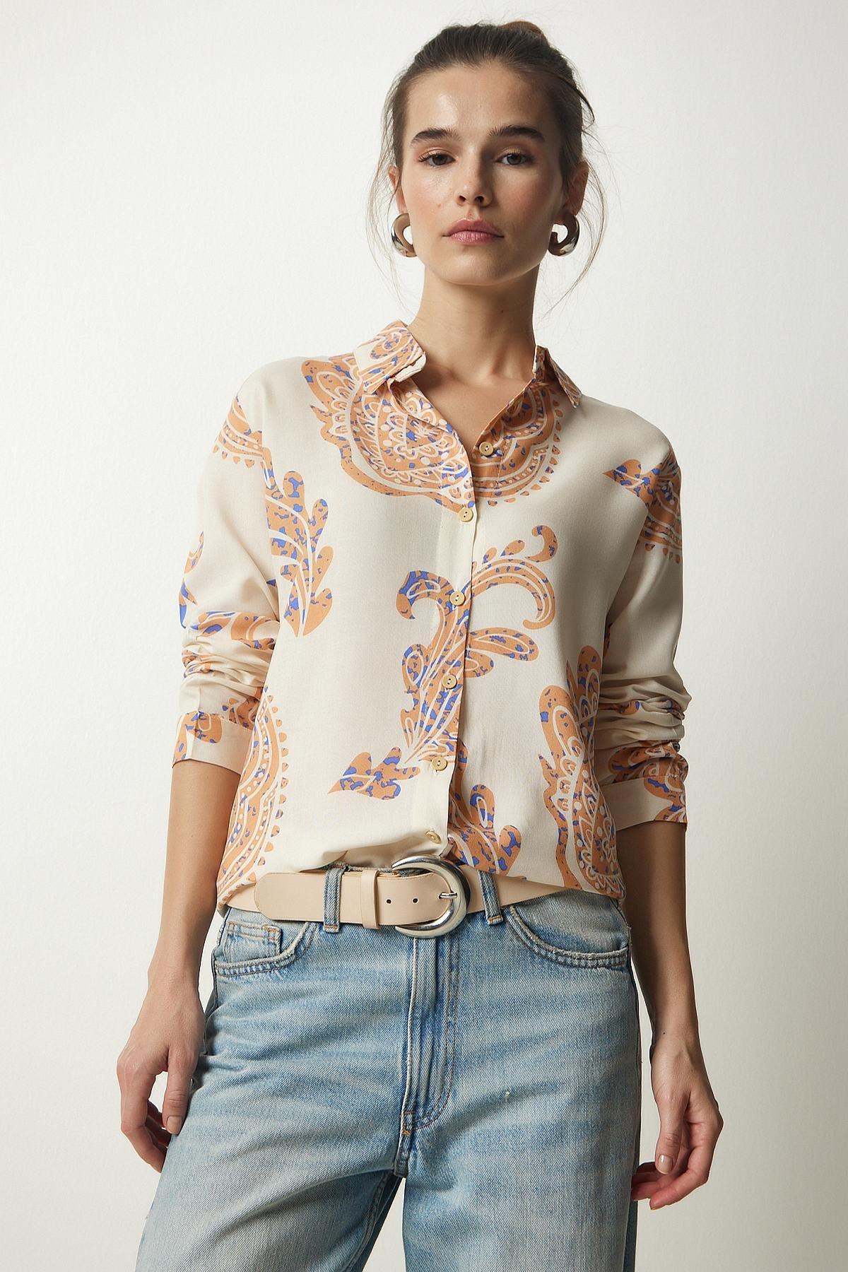 Cream Patterned Viscose Woven Shirt, Cream Orange, large image number 2