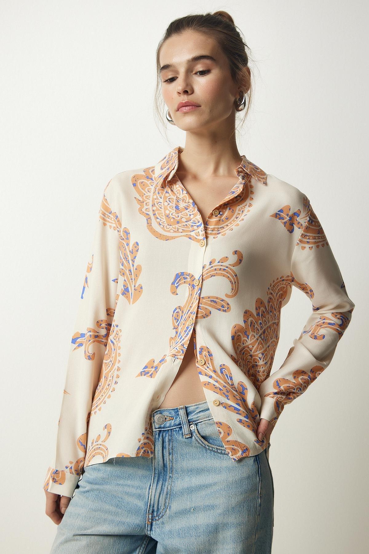 Cream Patterned Viscose Woven Shirt, Cream Orange, large image number 3