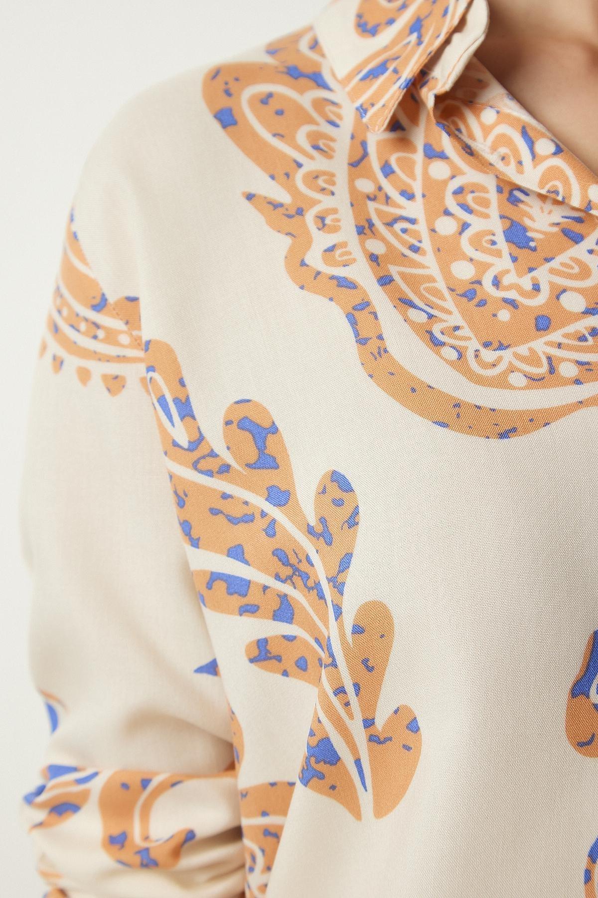 Cream Patterned Viscose Woven Shirt, Cream Orange, large image number 4
