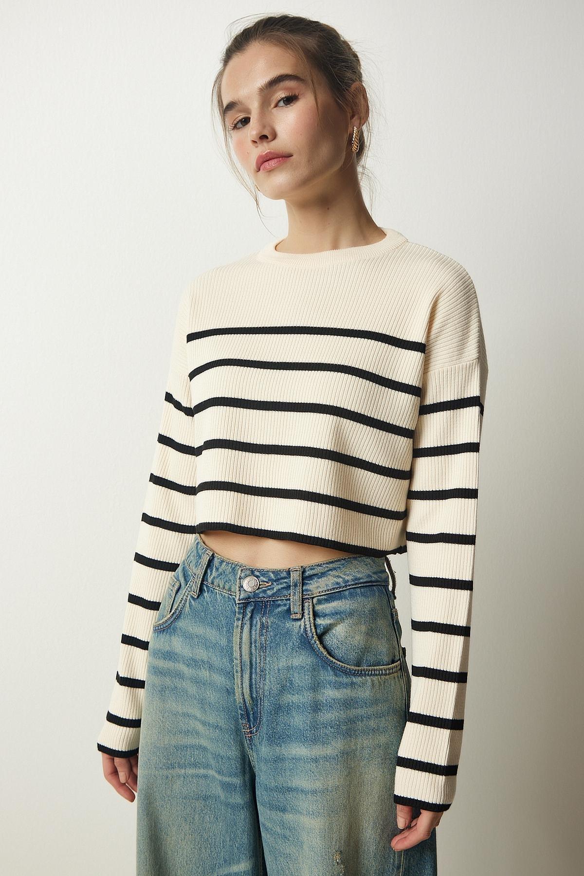 Womens Cream Ribbed Striped Crop Knitwear Sweater PF00048, single, , large image number 0