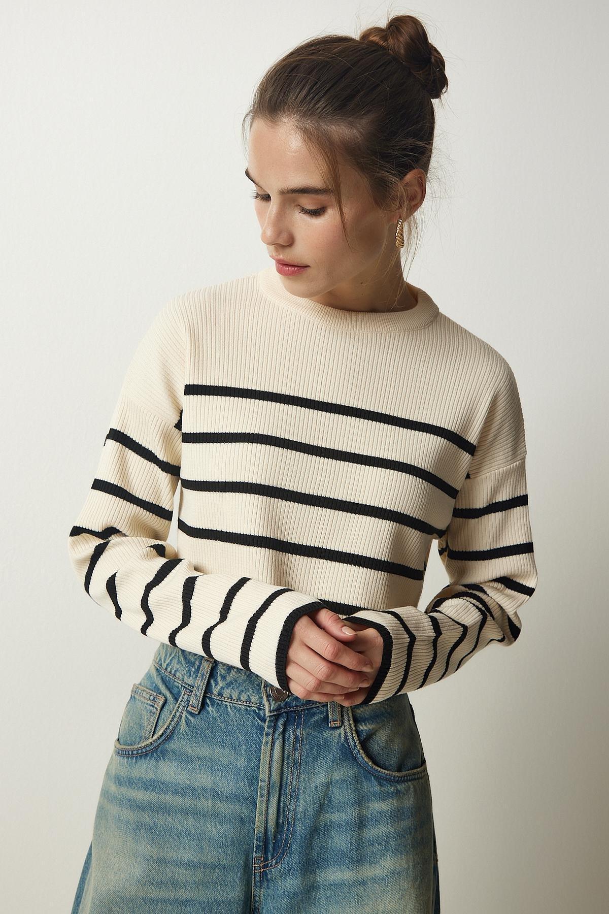 Womens Cream Ribbed Striped Crop Knitwear Sweater PF00048, single, , large image number 1