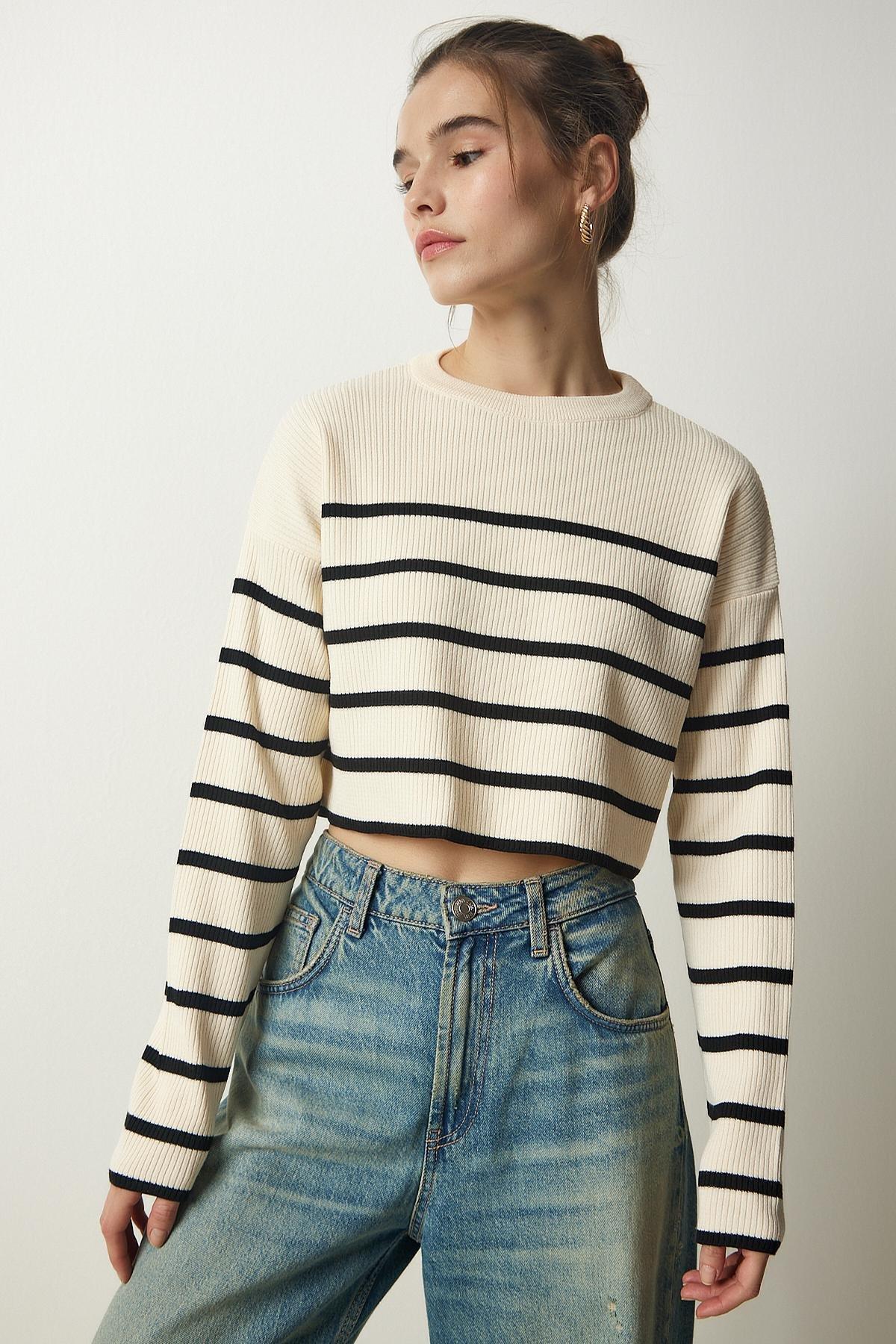 Womens Cream Ribbed Striped Crop Knitwear Sweater PF00048, single, , large image number 2