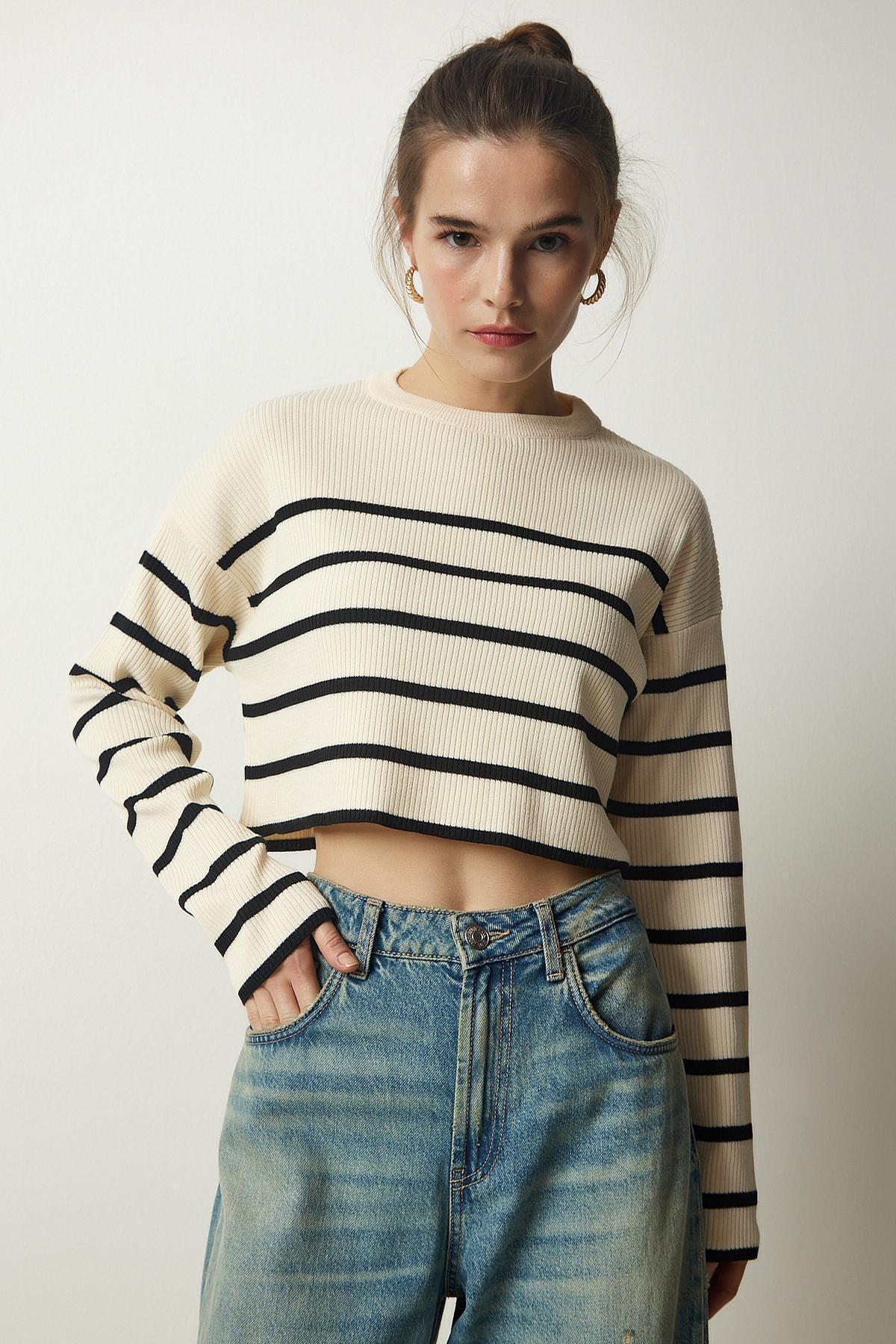 Womens Cream Ribbed Striped Crop Knitwear Sweater PF00048, single, , large image number 3