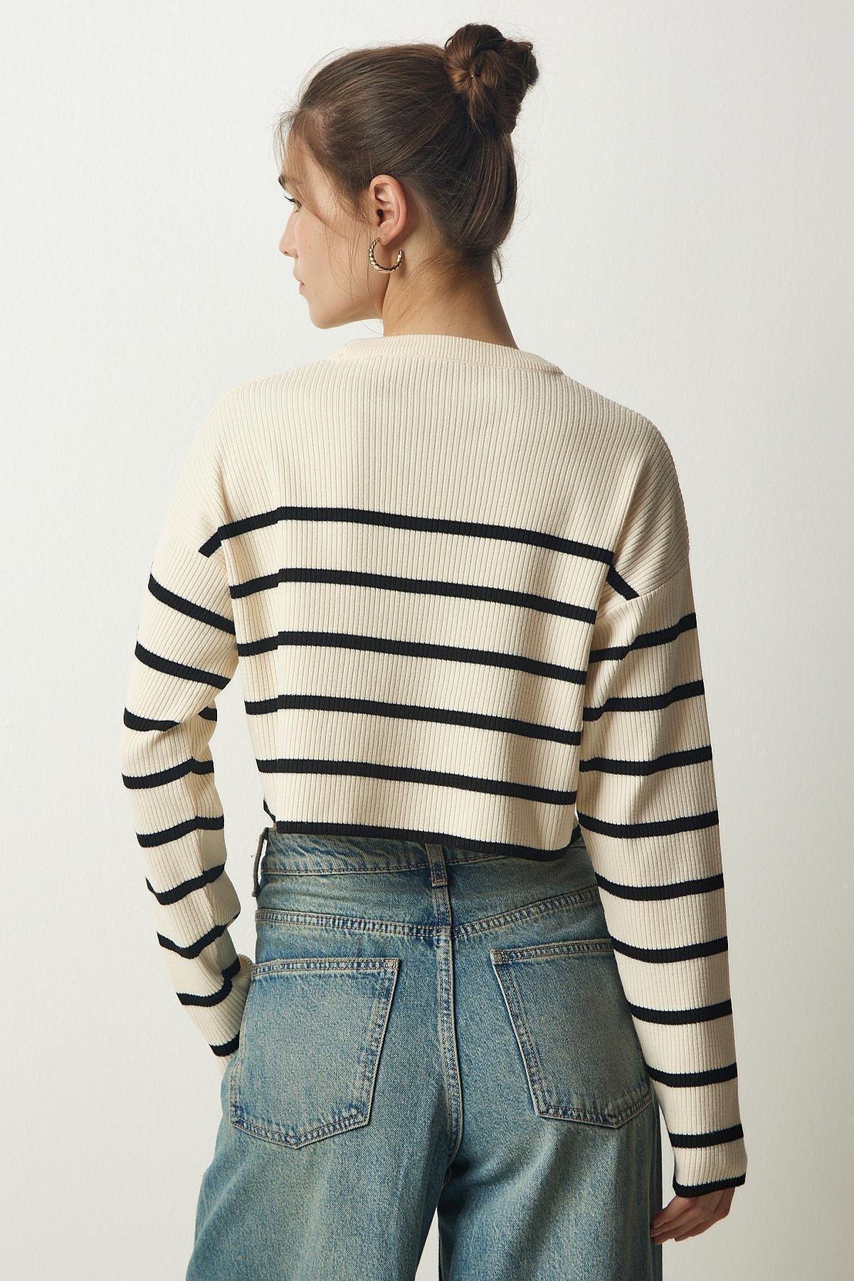 Womens Cream Ribbed Striped Crop Knitwear Sweater PF00048, single, , large image number 6