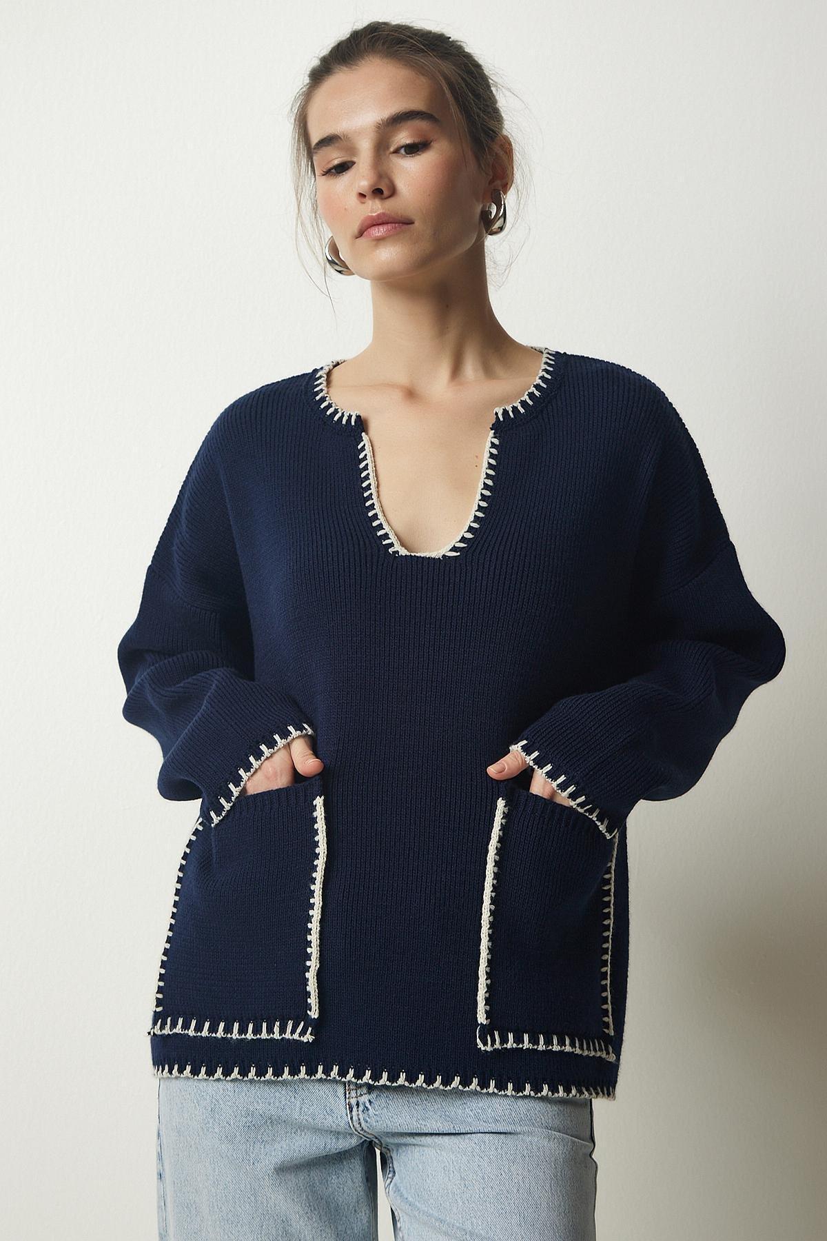 Navy Detailed Pocket Sweater, Navy blue, large image number 3