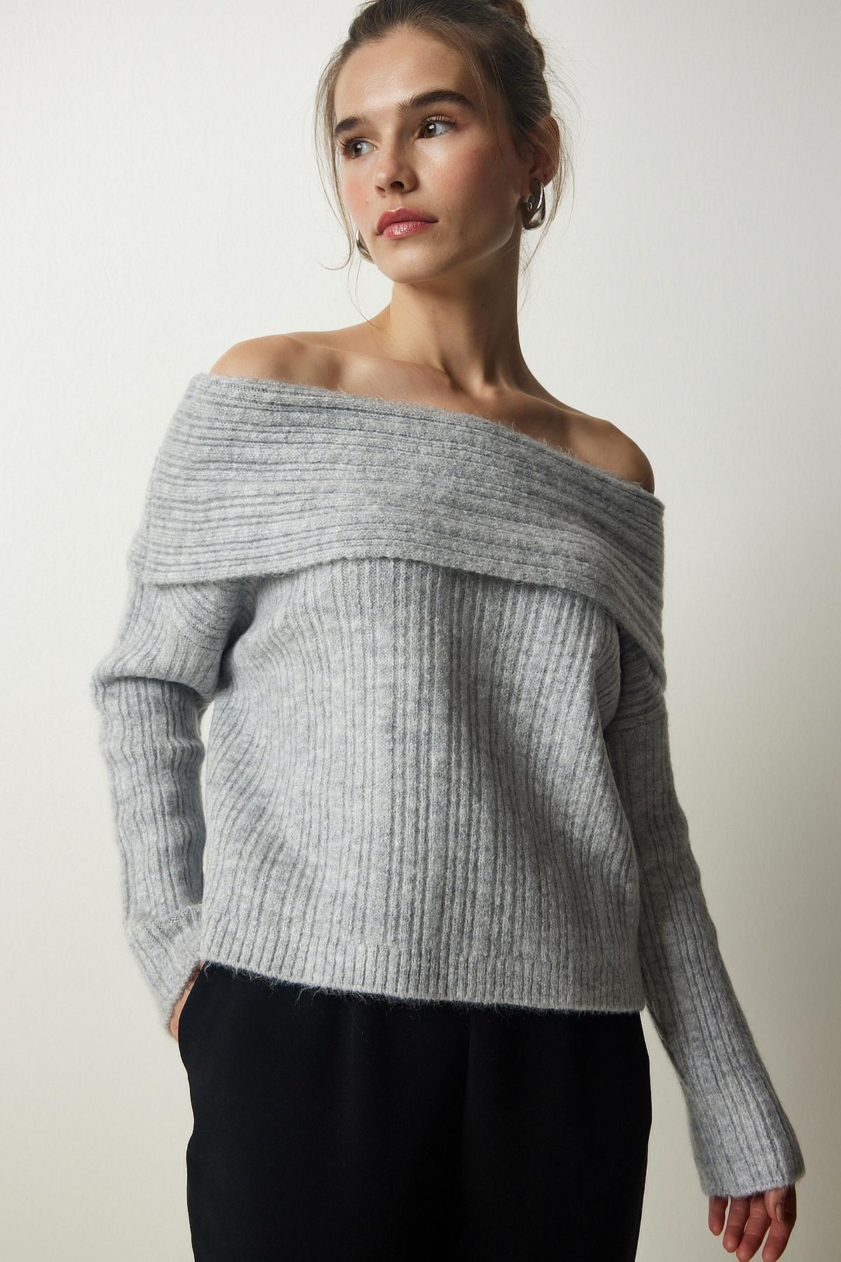 Womens Gray Madonna Collar Knitwear Sweater PF00049, single, C101_1653, large image number 0