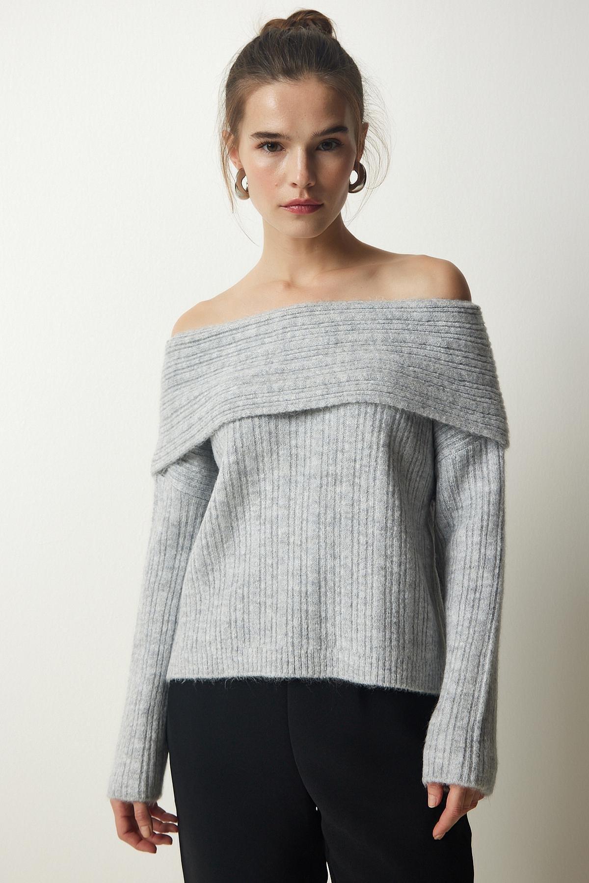 Womens Gray Madonna Collar Knitwear Sweater PF00049, single, C101_1653, large image number 1