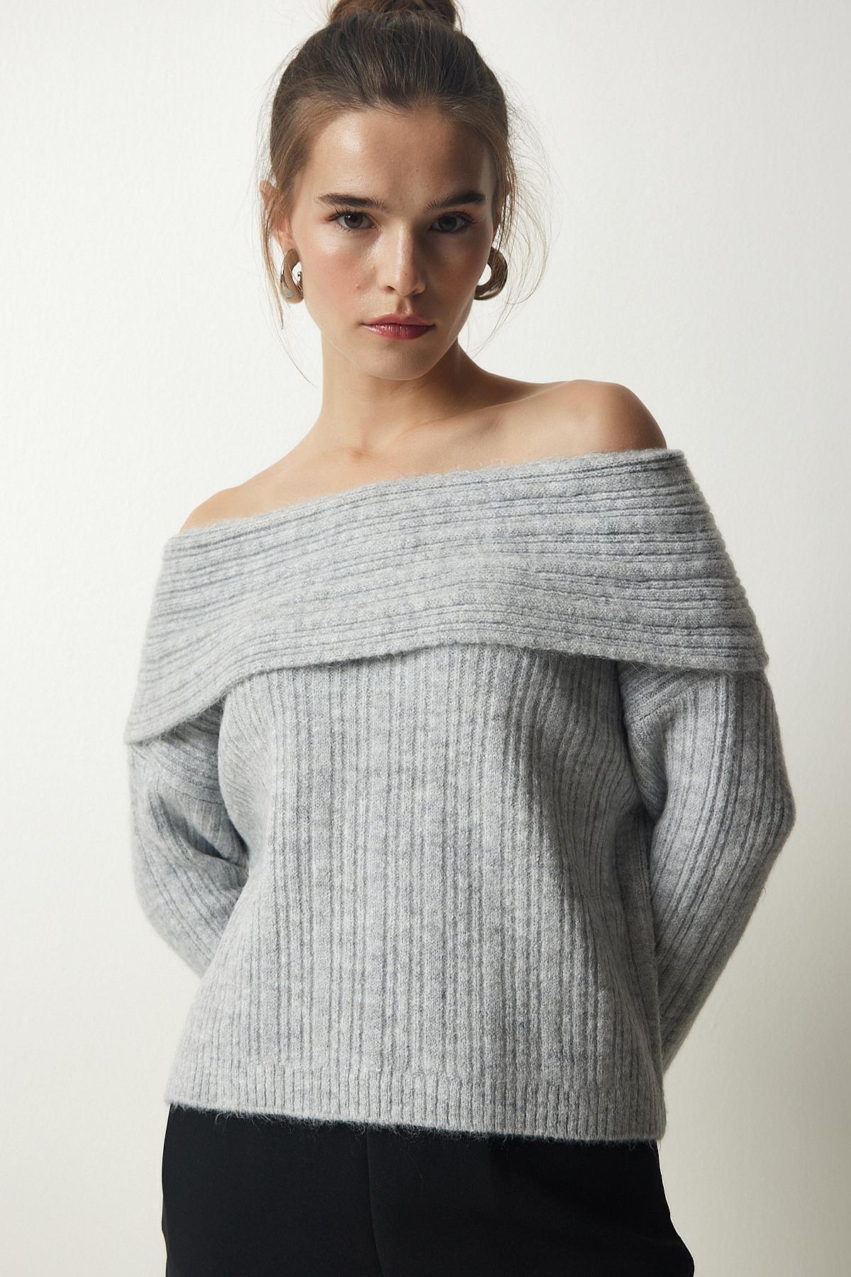 Happiness Istanbul - Womens Gray Madonna Collar Knitwear Sweater PF00049, Einzeln
