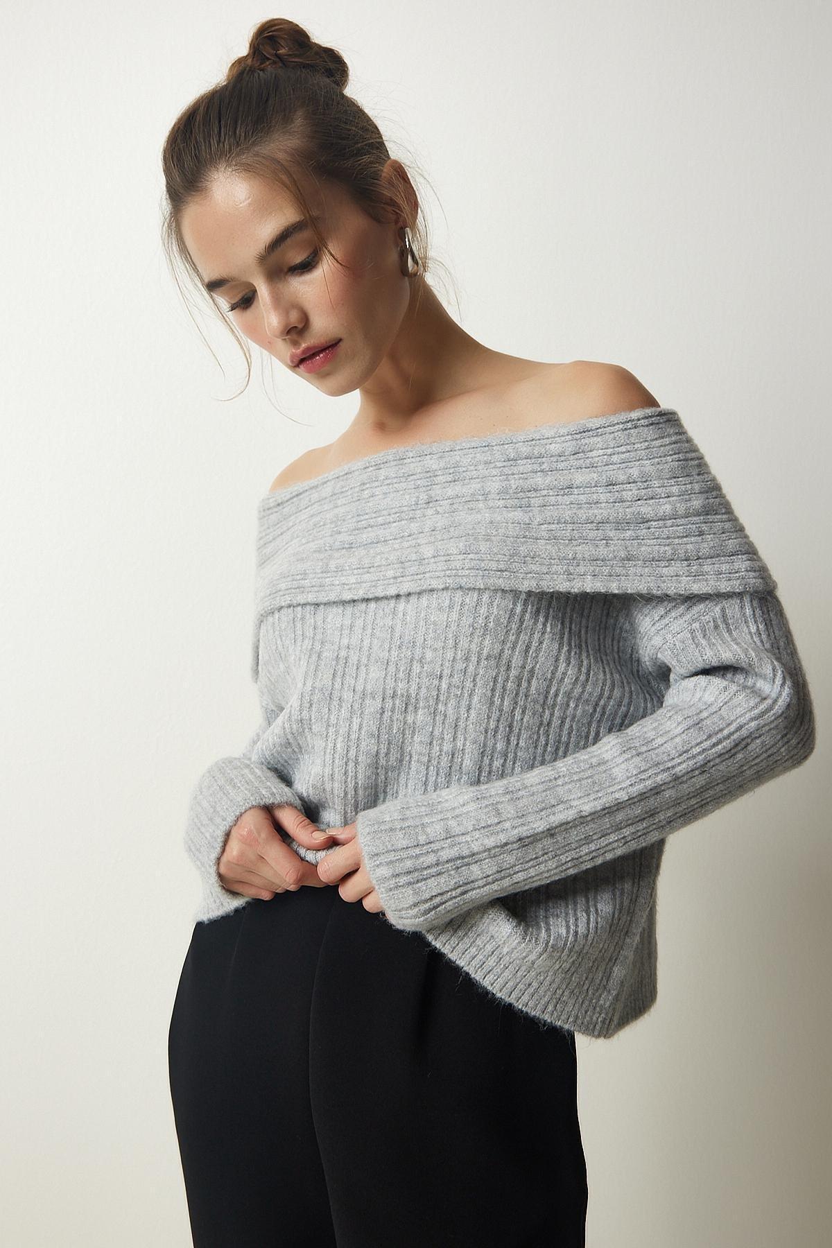 Womens Gray Madonna Collar Knitwear Sweater PF00049, single, C101_1653, large image number 3
