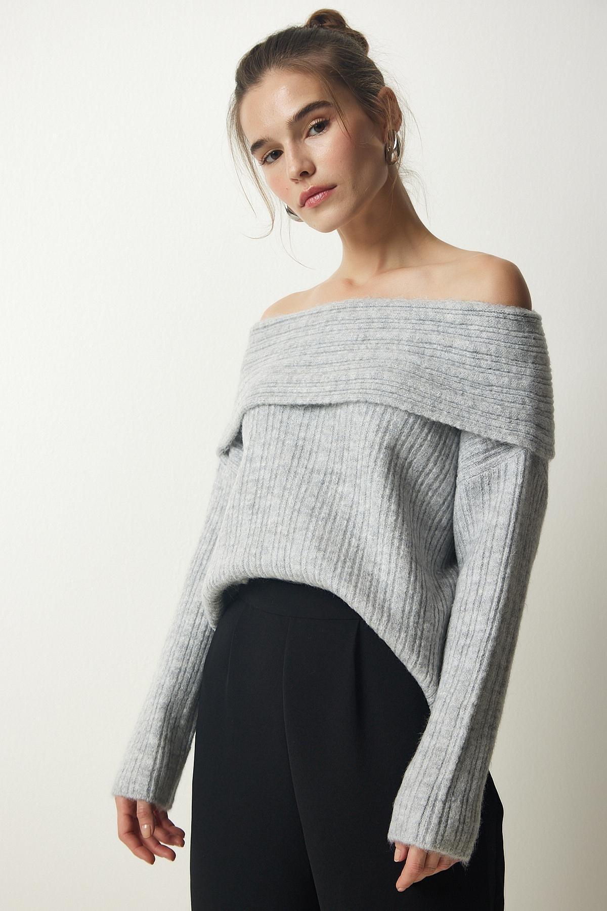 Womens Gray Madonna Collar Knitwear Sweater PF00049, single, C101_1653, large image number 4