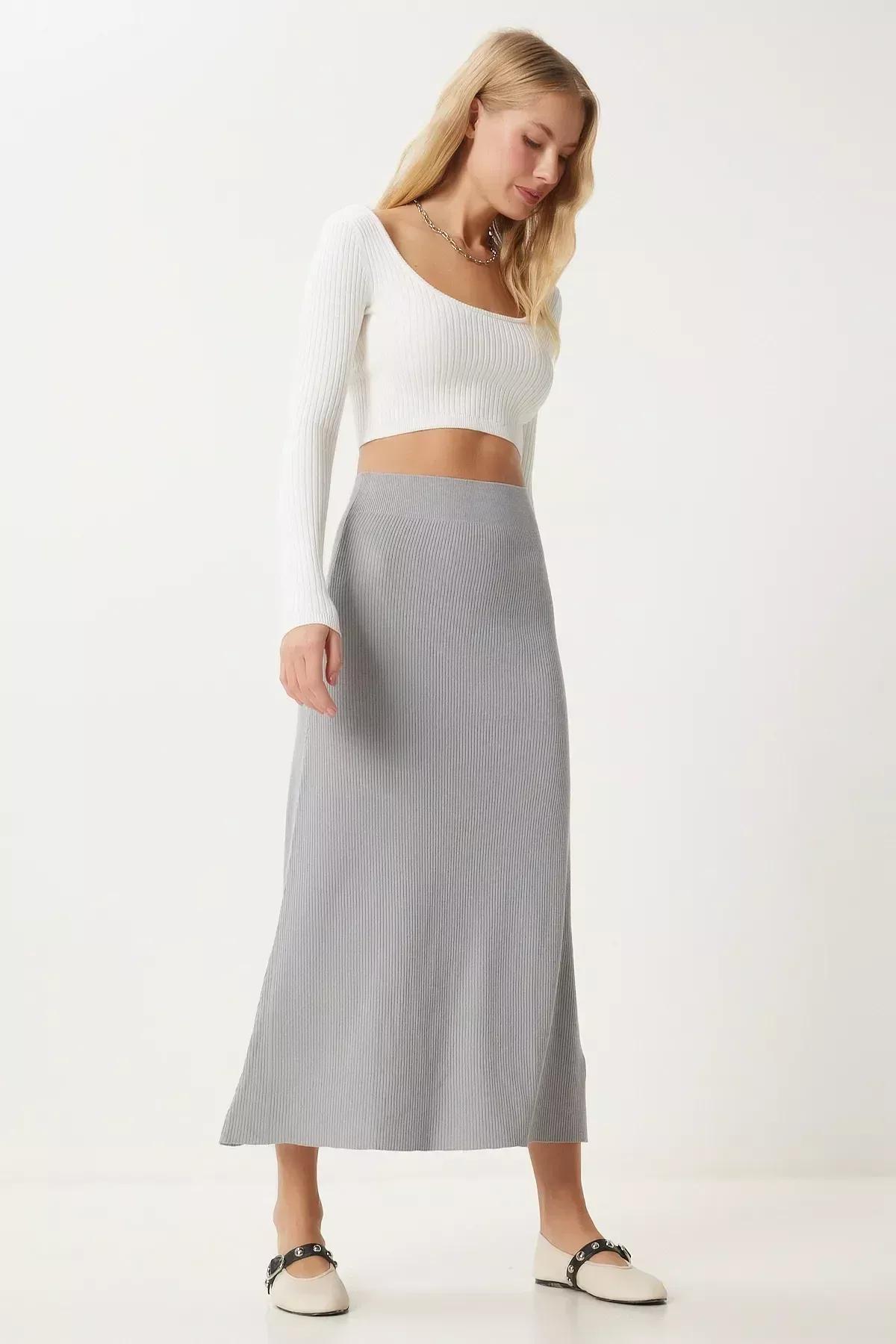 Grey Ribbed Knitwear Skirt, , large image number 1