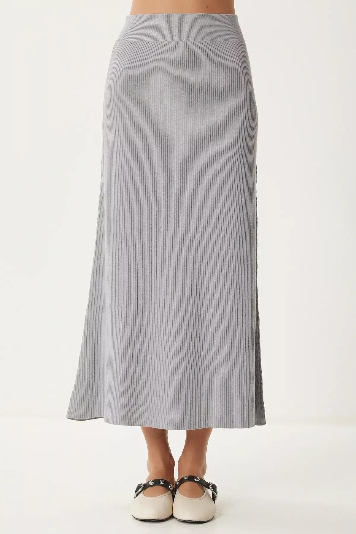 Grey Ribbed Knitwear Skirt, , large image number 2