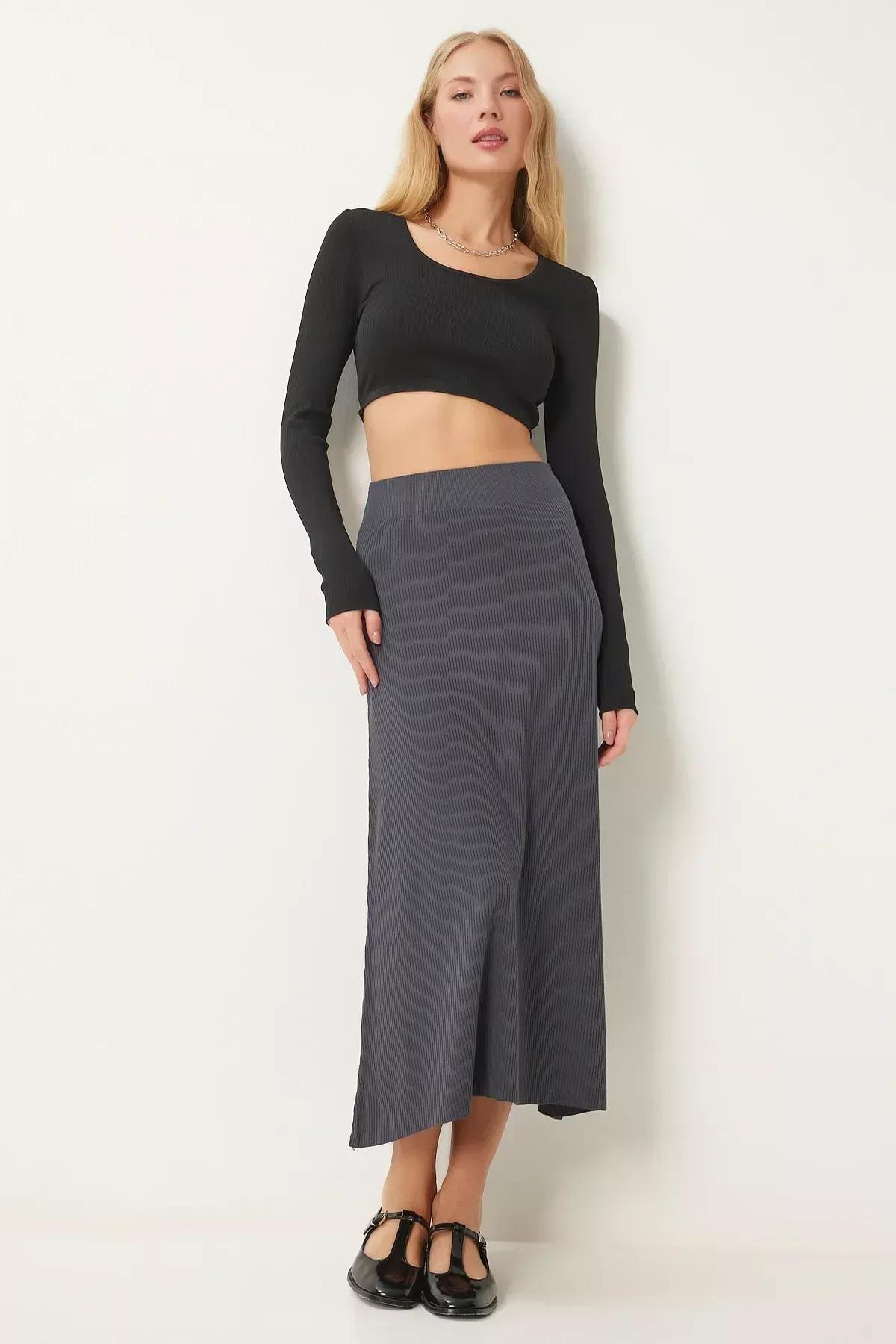 Grey Ribbed Knitwear Skirt, Anthracite, large image number 0