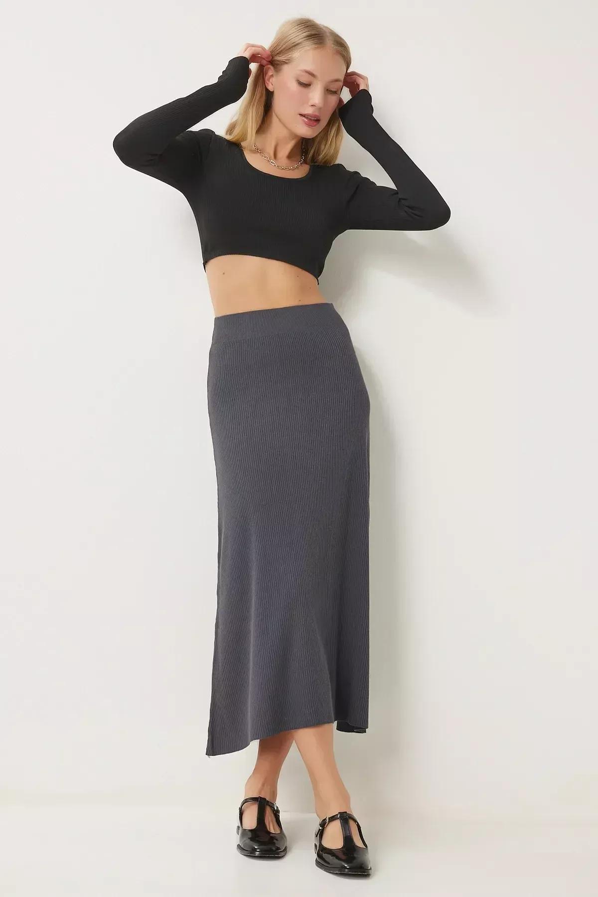 Grey Ribbed Knitwear Skirt, Anthracite, large image number 1