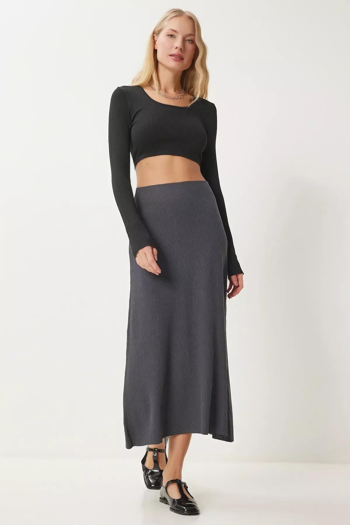 Grey Ribbed Knitwear Skirt, Anthracite, large image number 2