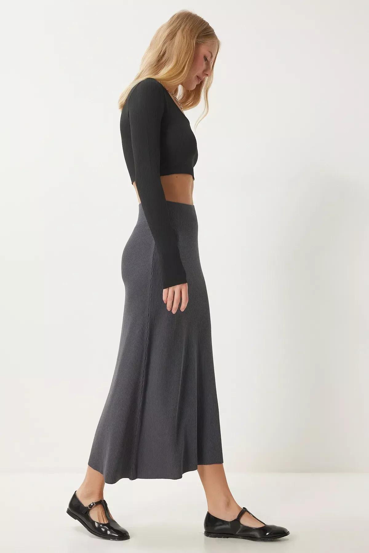 Grey Ribbed Knitwear Skirt, Anthracite, large image number 3