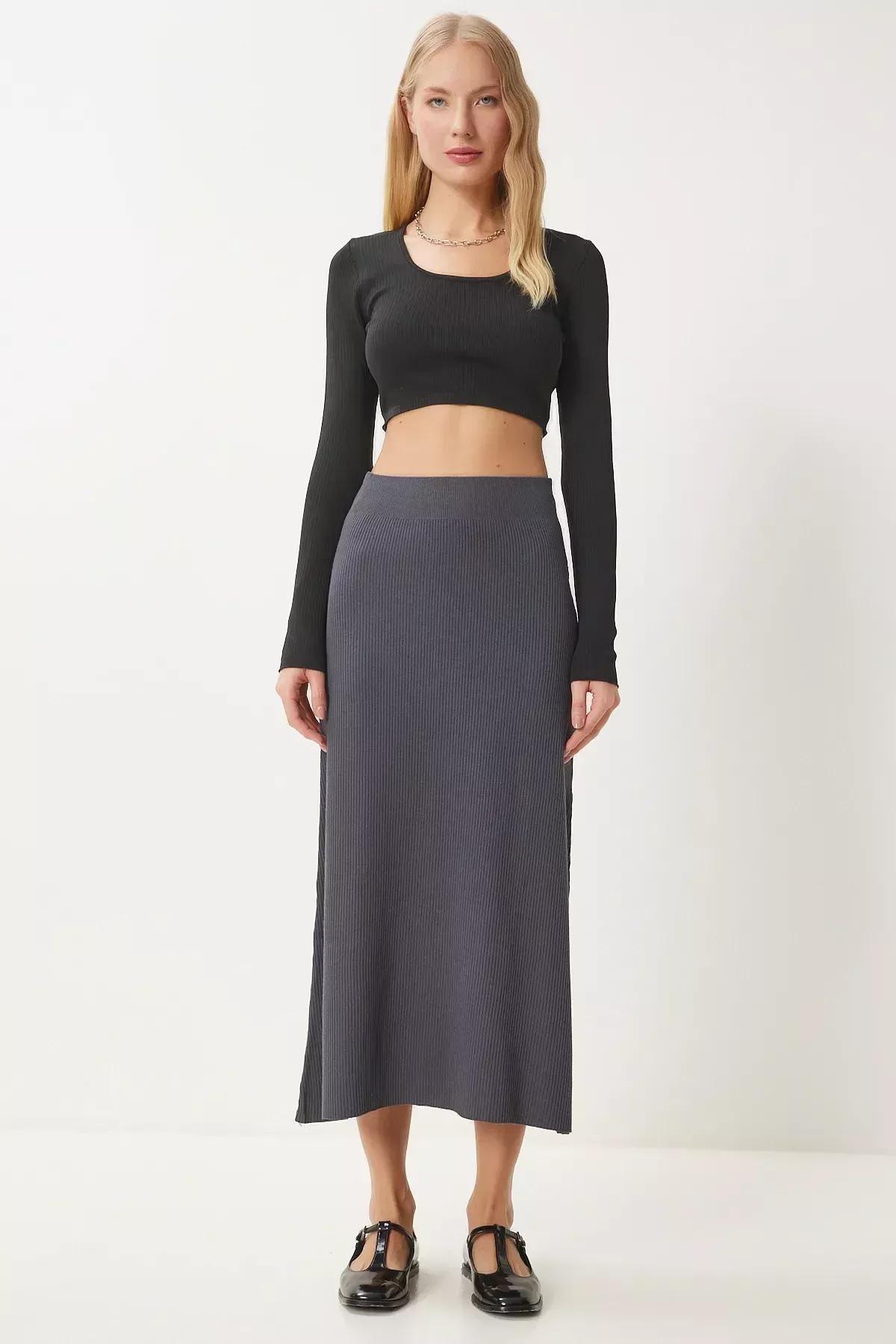 Grey Ribbed Knitwear Skirt, Anthracite, large image number 4