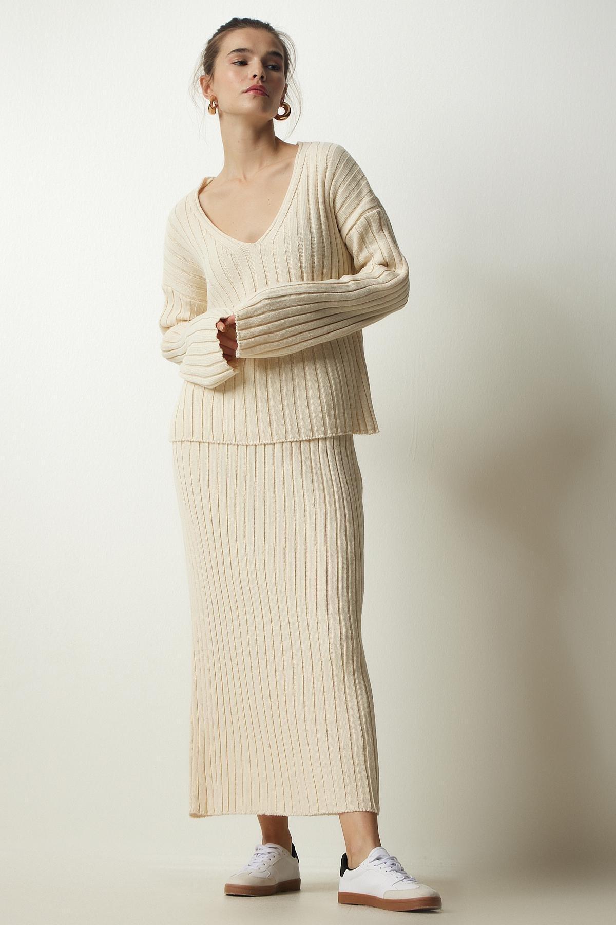 Cream Ribbed Co-Ord Set, Cream, large image number 1