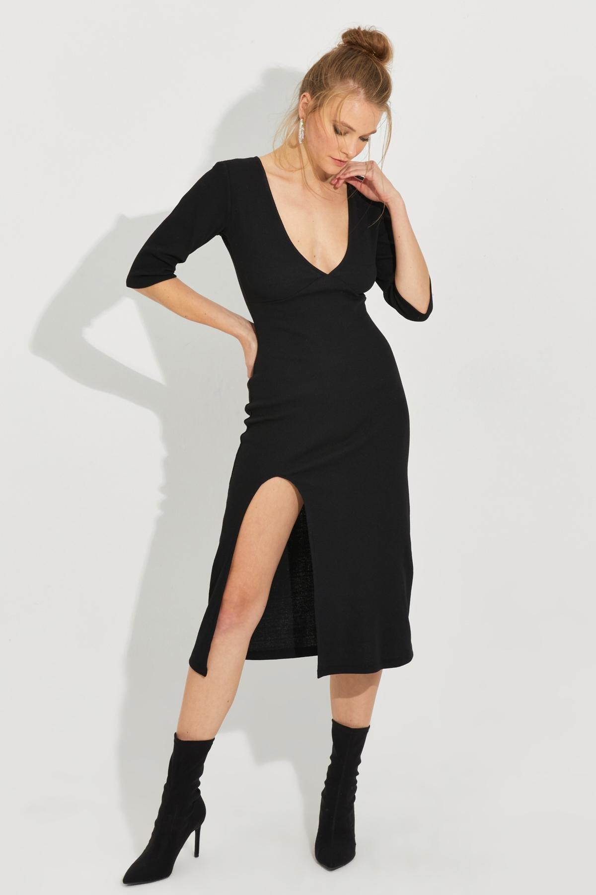 Womens Black Slit Camisole Midi Dress Y?2497, single, , large image number 4