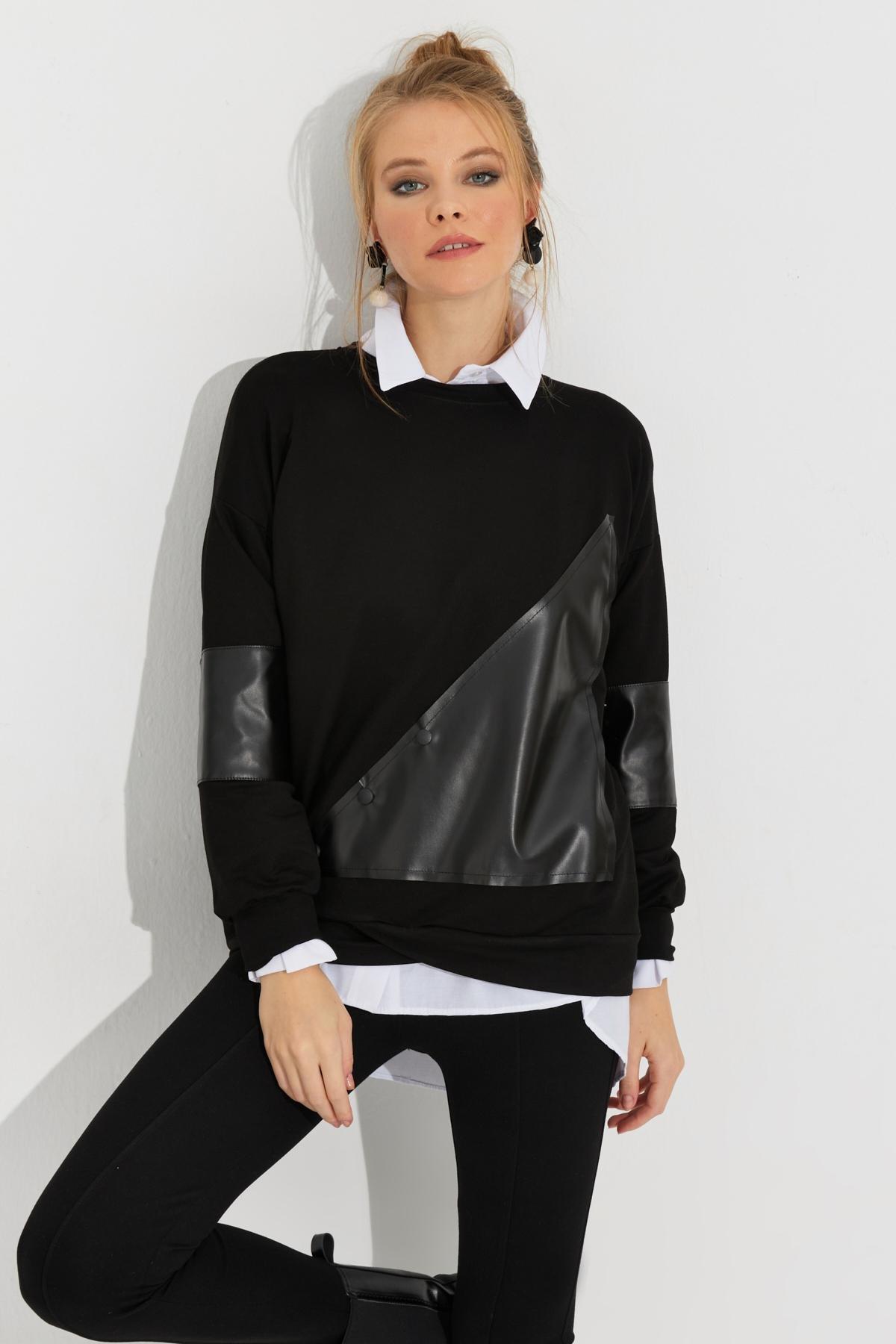 Black Leather Block Sweatshirt, , large image number 0