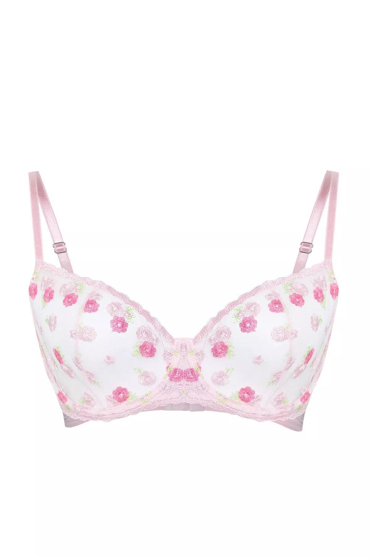 حمالة صدر غير مبطنة بحواف دانتيل ونقشة زهور للمقاسات الكبيرة، وردي, Pink, large image number 1