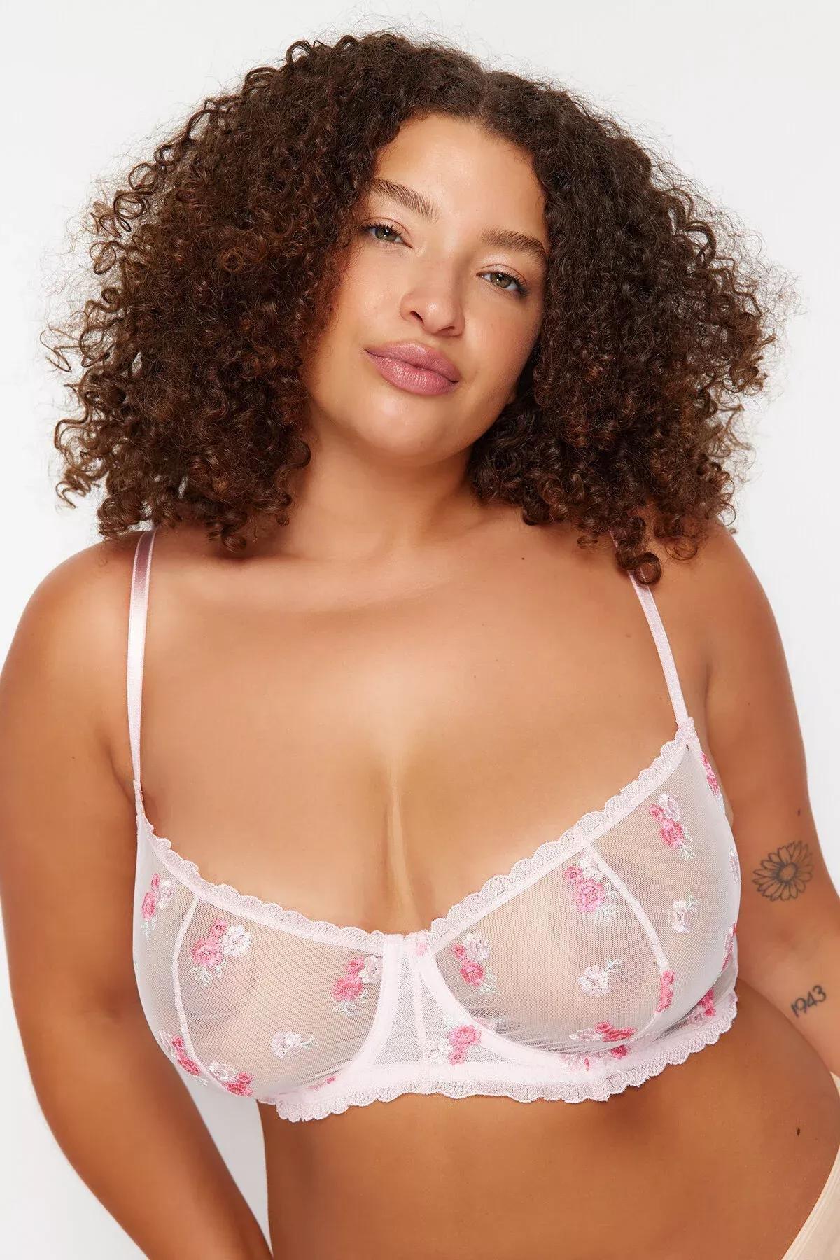 حمالة صدر غير مبطنة بحواف دانتيل ونقشة زهور للمقاسات الكبيرة، وردي, Pink, large image number 2