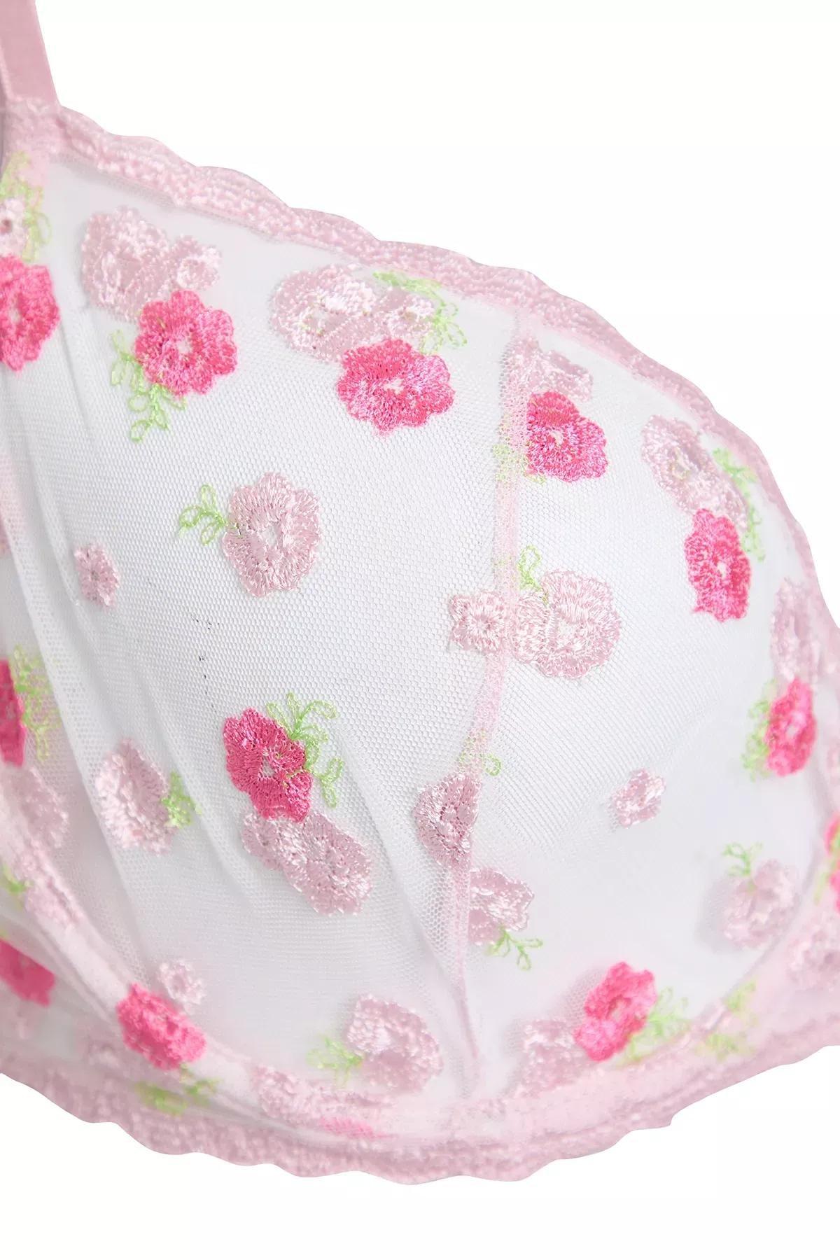 حمالة صدر غير مبطنة بحواف دانتيل ونقشة زهور للمقاسات الكبيرة، وردي, Pink, large image number 3