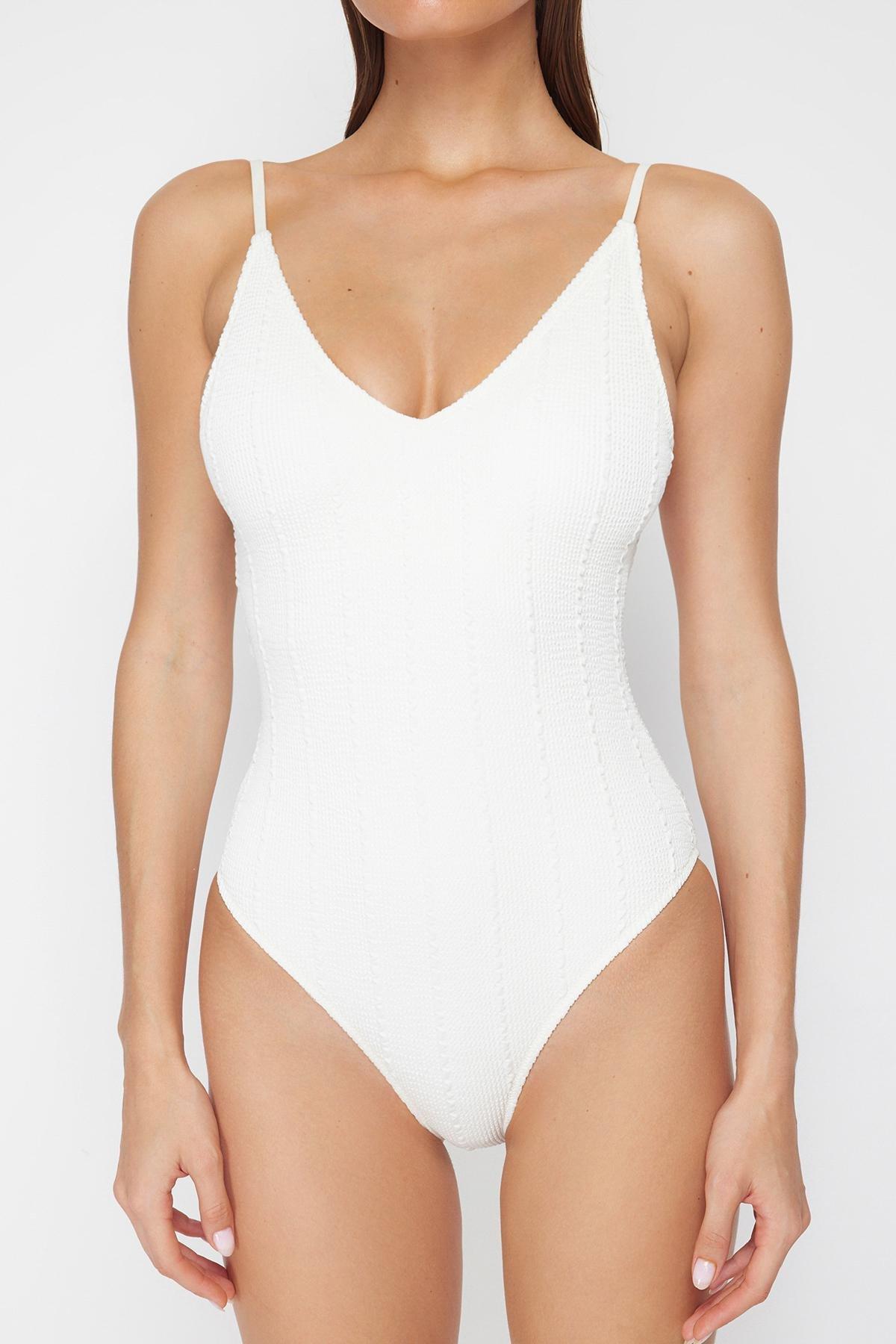 Ecru V-Neck Textured Swimsuit, , large image number 4