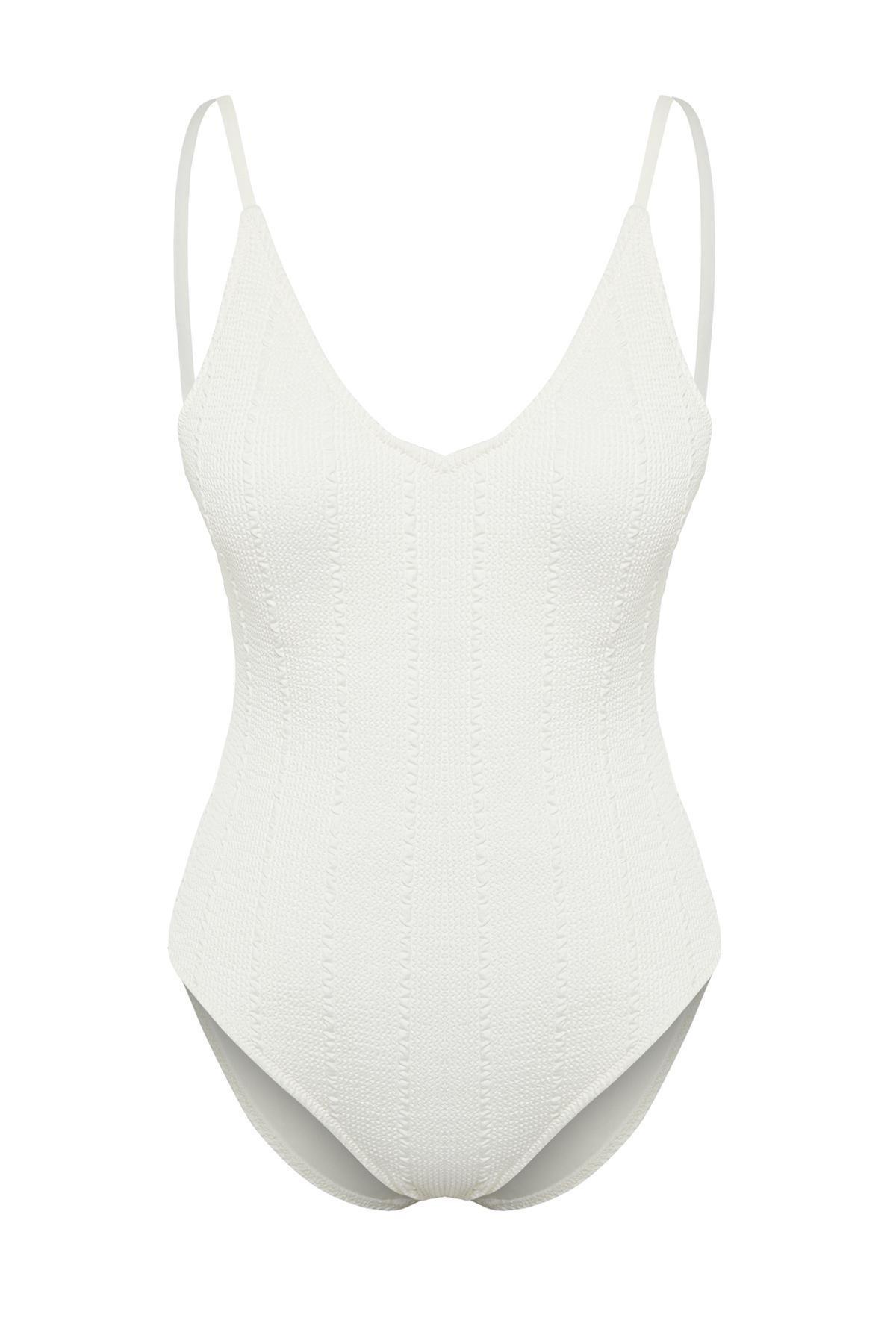 Ecru V-Neck Textured Swimsuit, , large image number 5