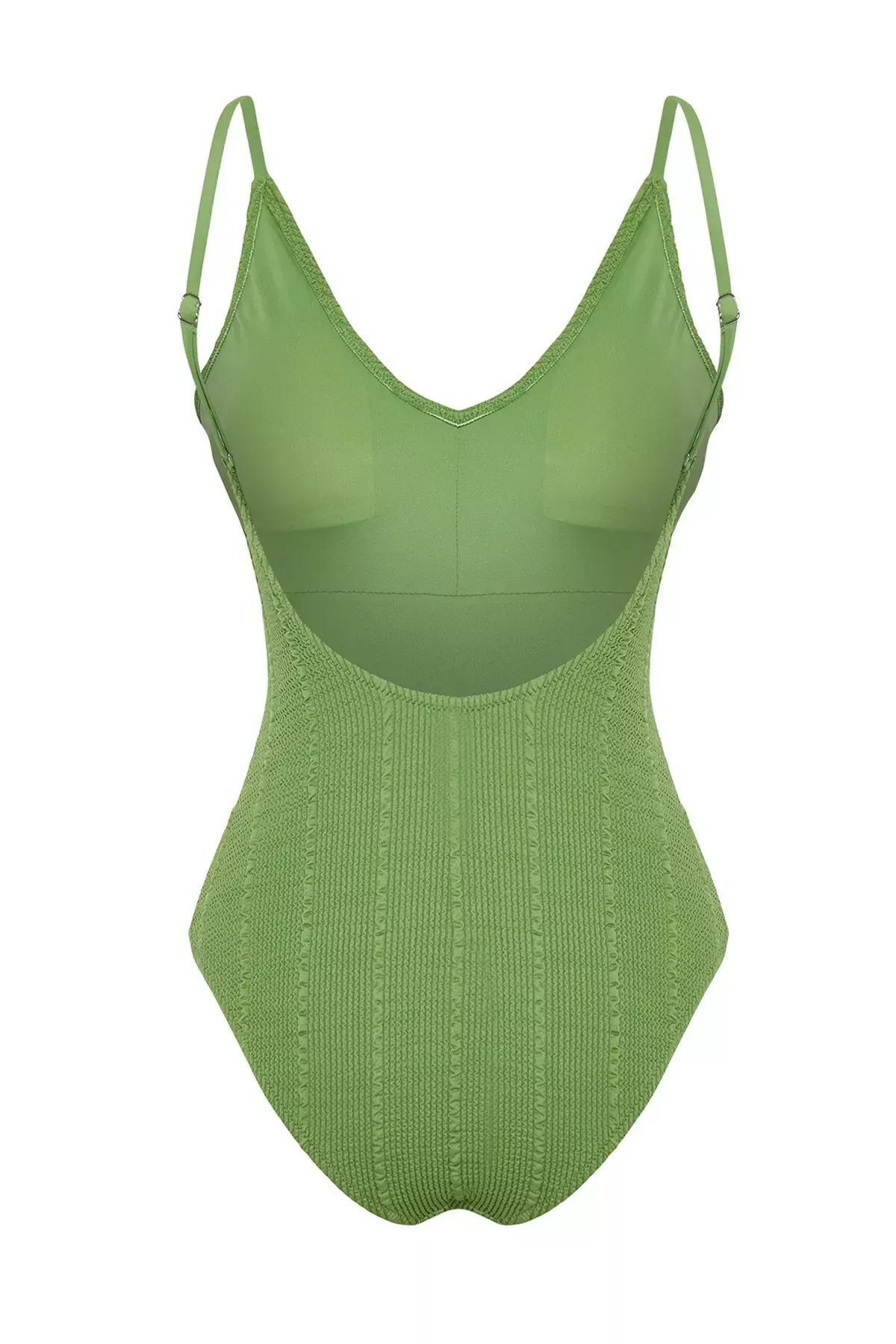 Green V-Neck Textured Regular Swimsuit, C101_4744, large image number 6