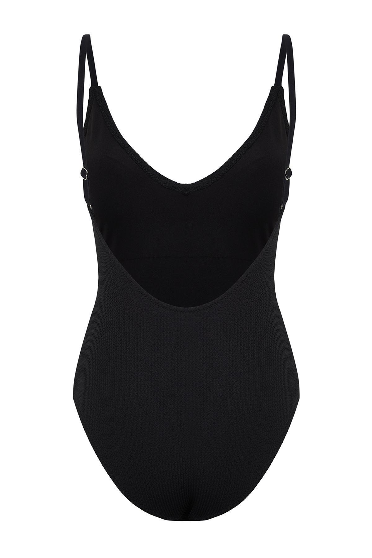 Black V-Neck Textured Swimsuit, , large image number 6