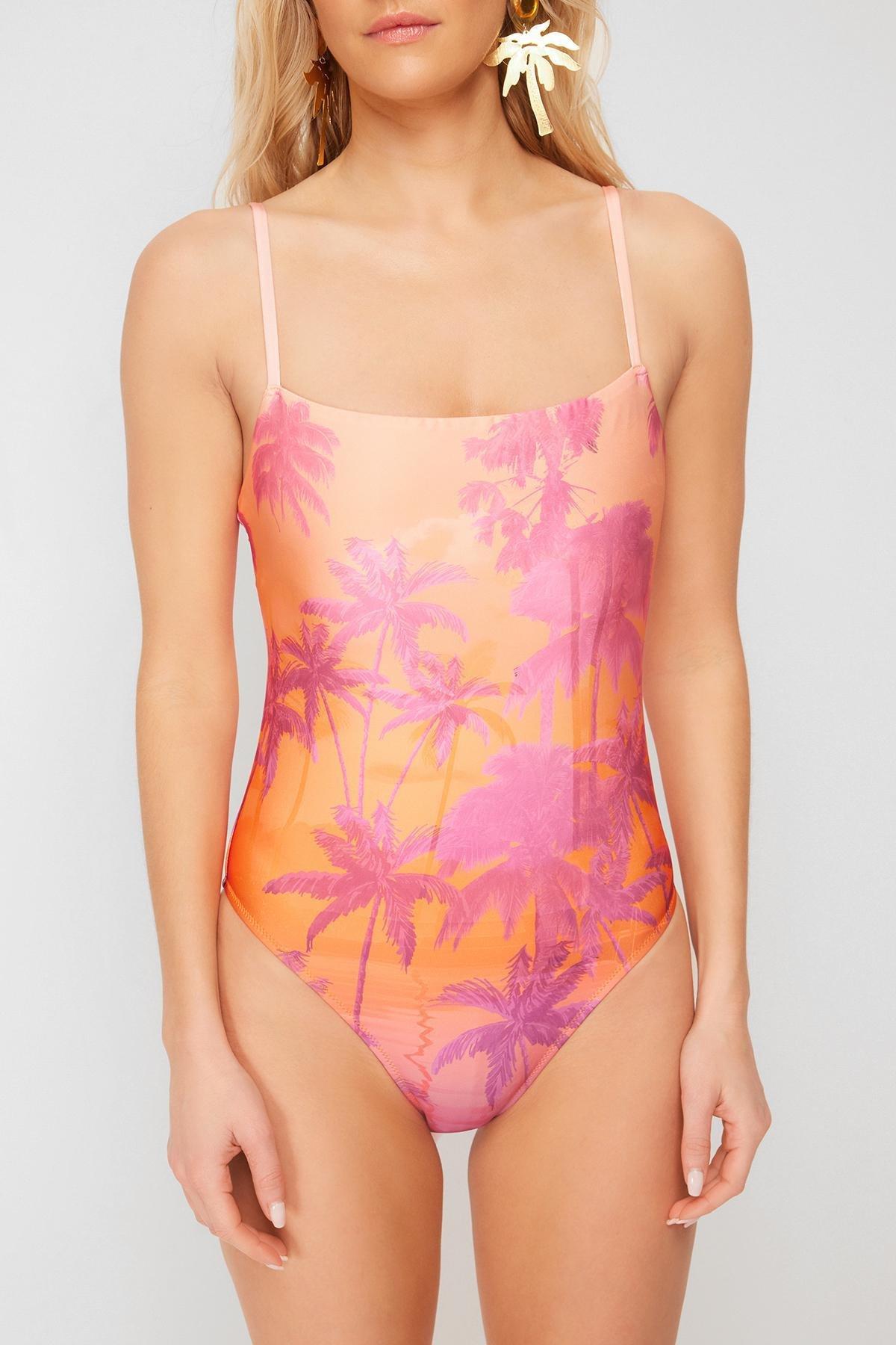Multicolour Patterned Square Collar Swimsuit, , large image number 2