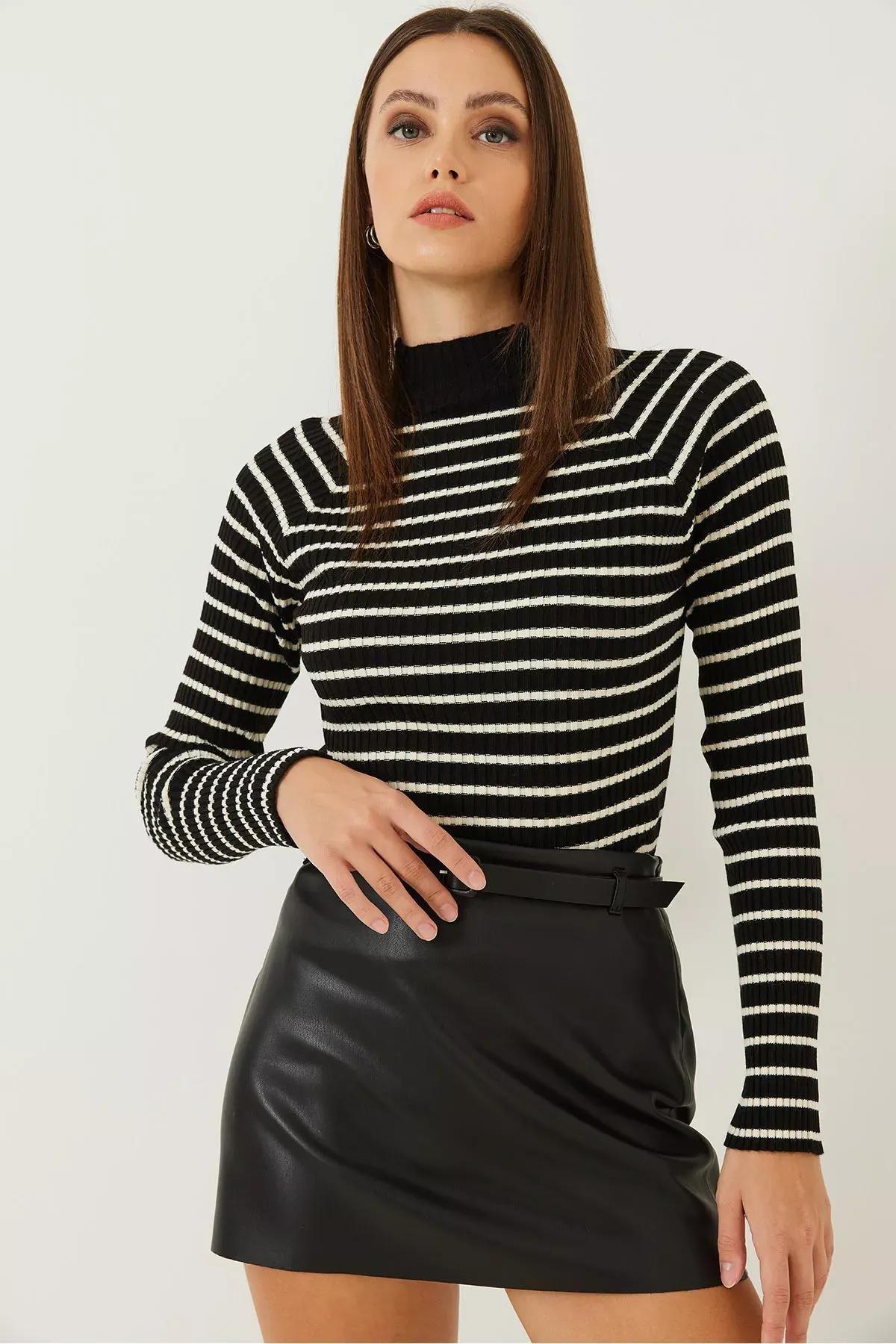 Womens Striped Turtleneck Sweater, single, Black-Cream, large image number 1