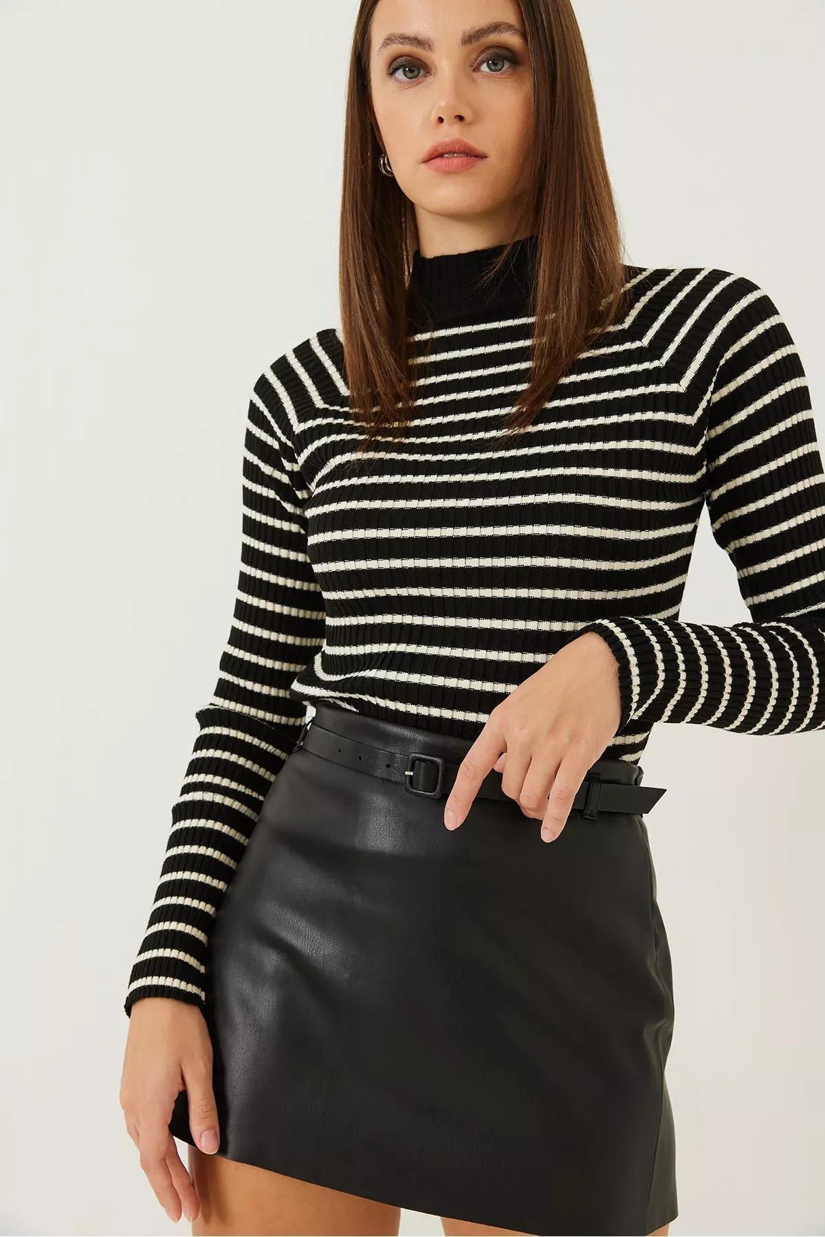 Womens Striped Turtleneck Sweater, single, Black-Cream, large image number 2