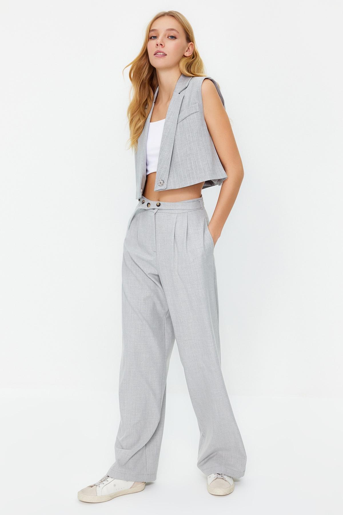 Grey Straight Belt Detail Woven Trousers, , large image number 0