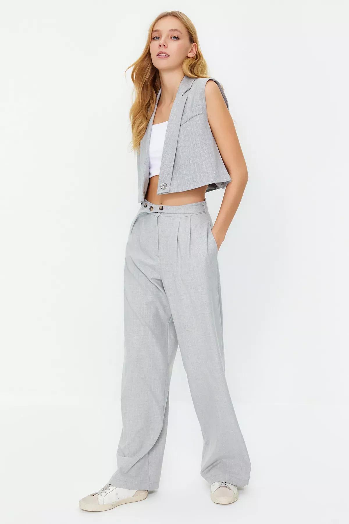 Grey Straight Belt Detail Woven Trousers, , large image number 0