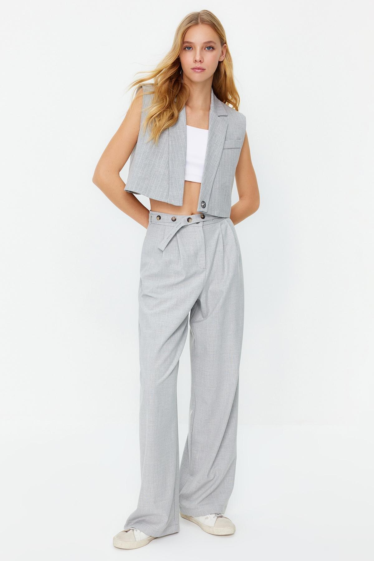 Grey Straight Belt Detail Woven Trousers, , large image number 1