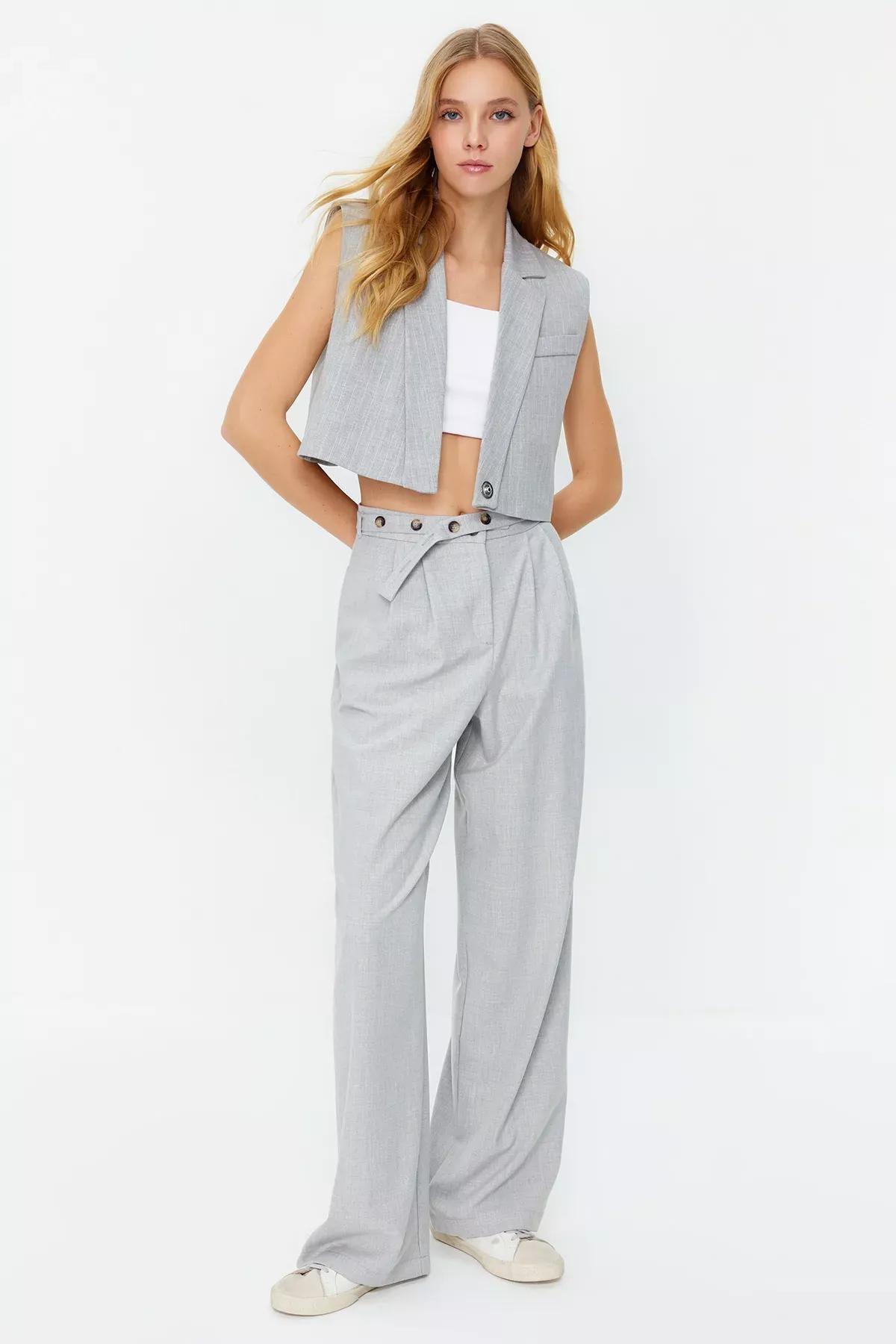 Grey Straight Belt Detail Woven Trousers, , large image number 1
