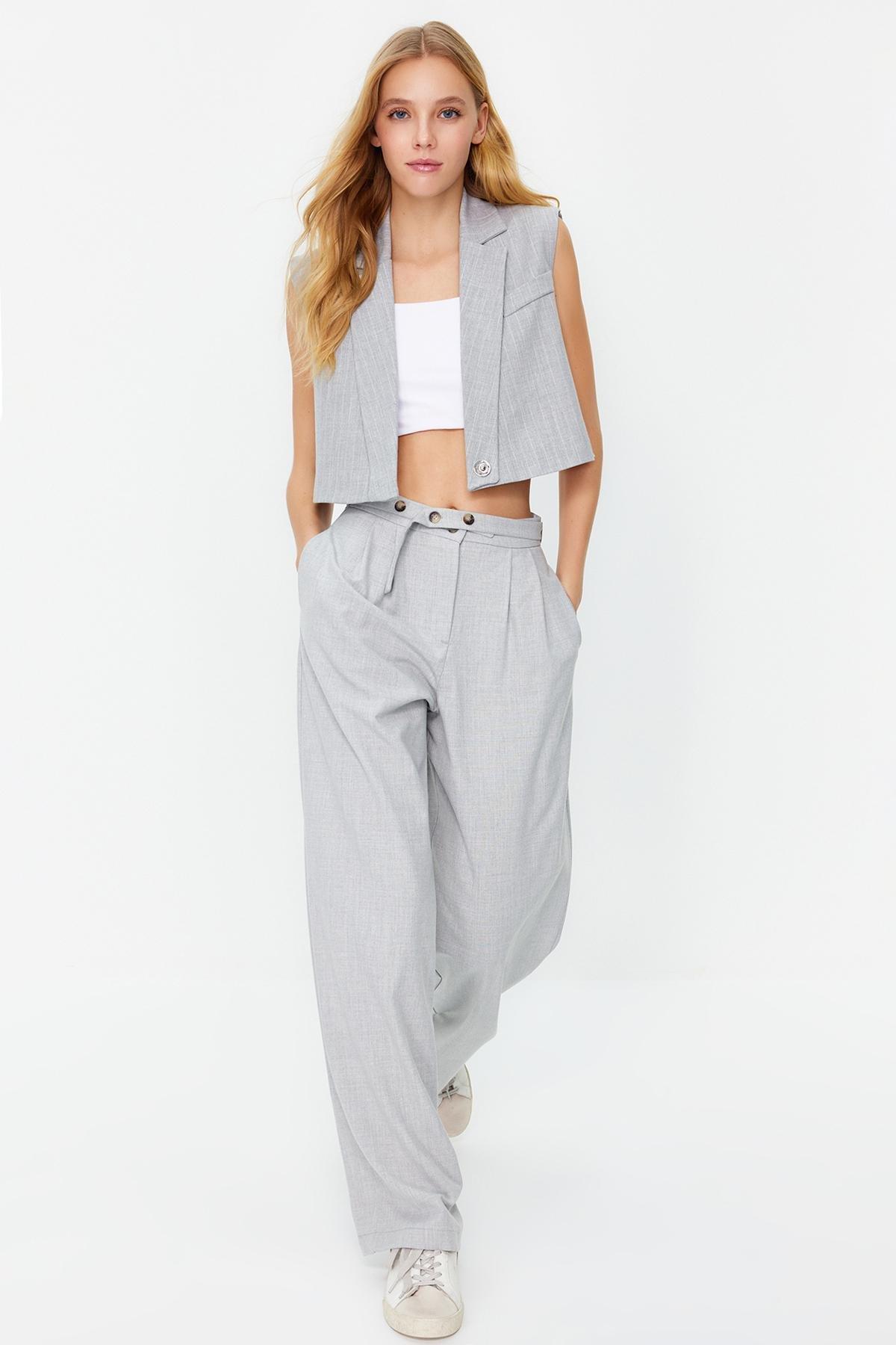 Grey Straight Belt Detail Woven Trousers, , large image number 2