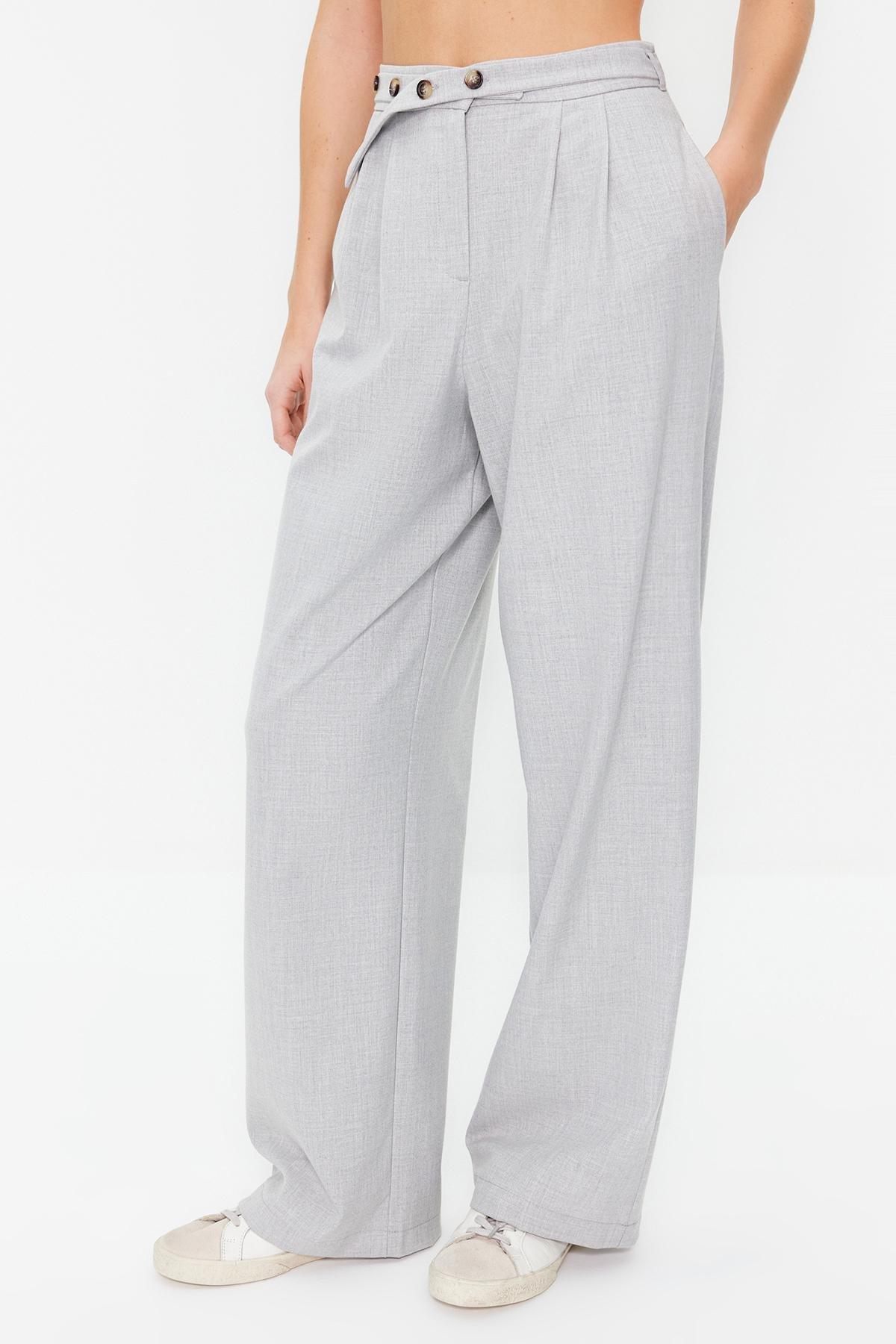 Trendyol - Grey Straight Belt Detail Woven Trousers