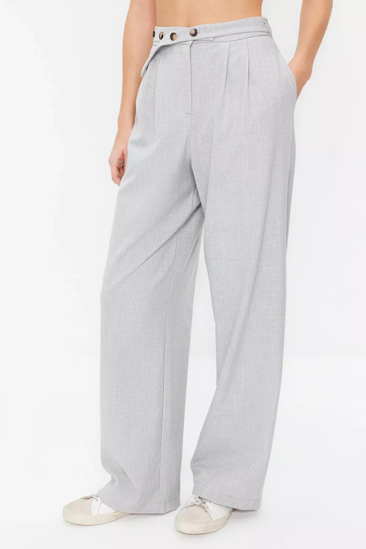 Grey Straight Belt Detail Woven Trousers, , large image number 3