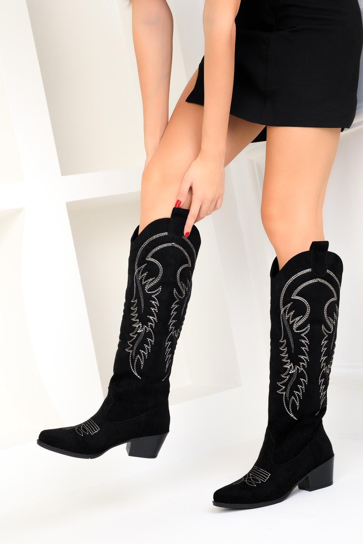 Black Embroidery Design Suede Boots, , large image number 1