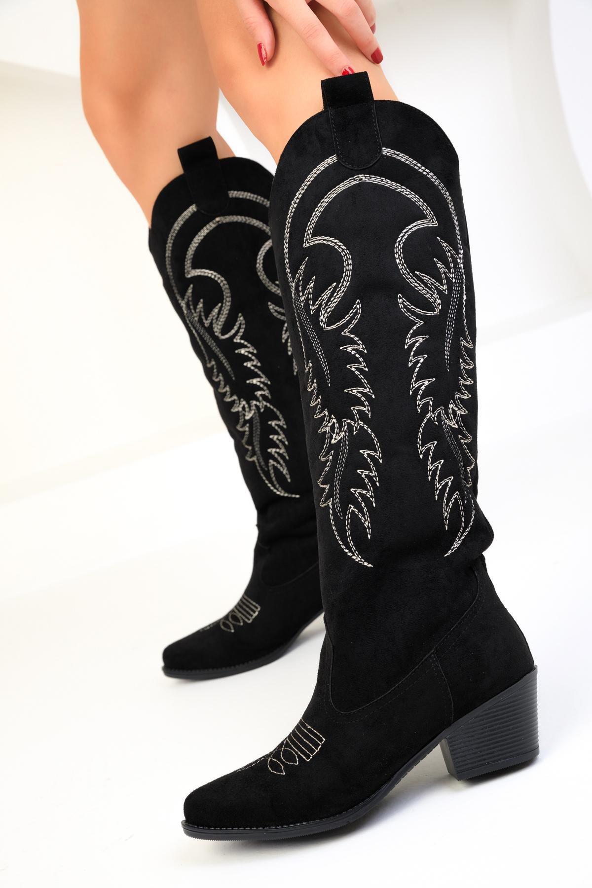 Black Embroidery Design Suede Boots, , large image number 4