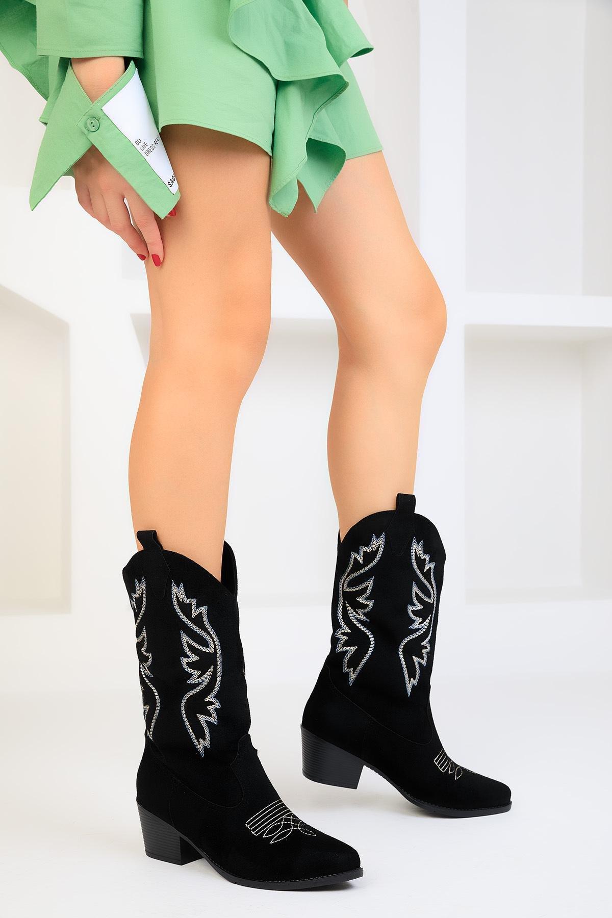 Black Embroidery Design Suede Boots, , large image number 2