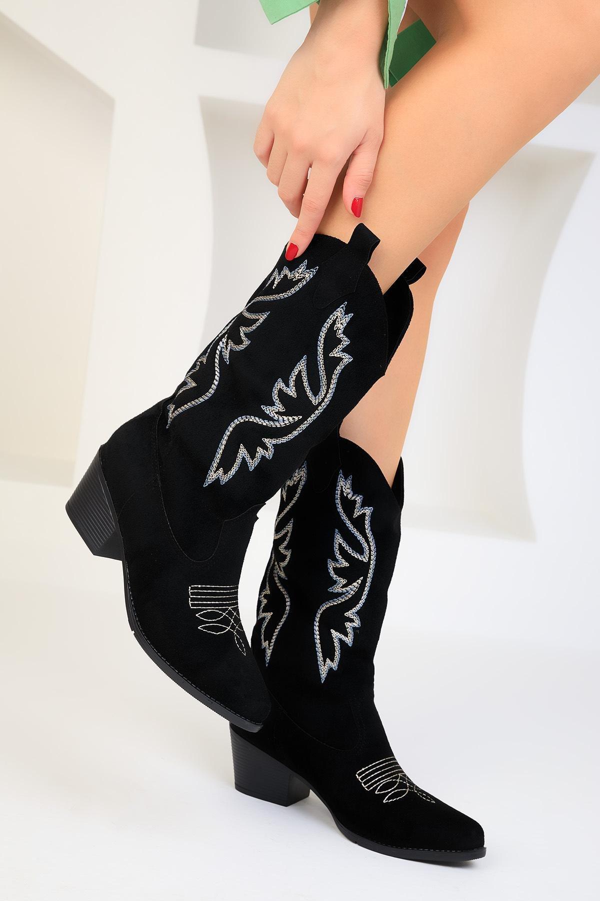 SOHO - Black Embroidery Design Suede Boots